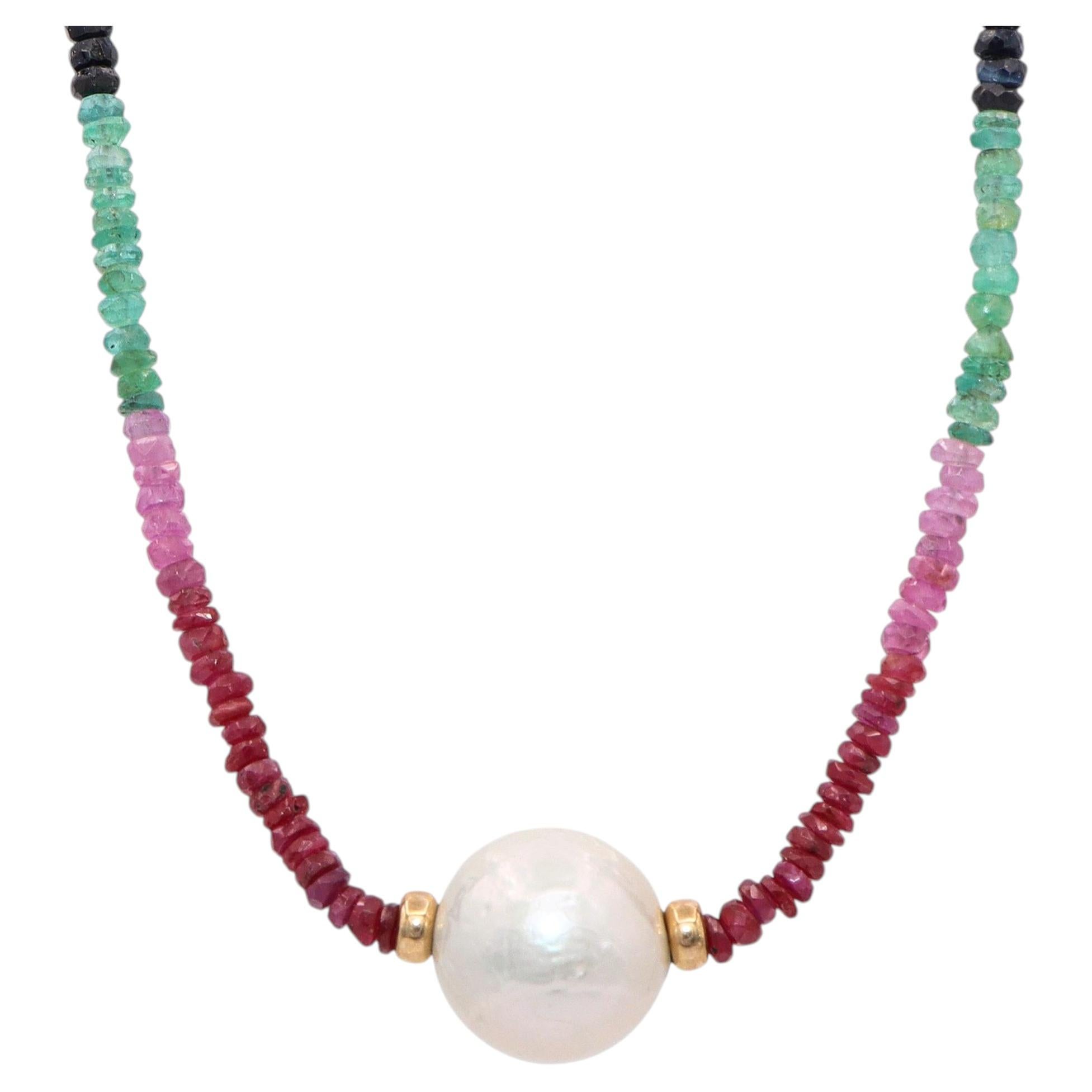 Collana di perle e zaffiro Heishi in oro giallo 14k