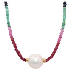 14k Yellow Gold Fancy Sapphire Heishi Bead and Pearl Necklace