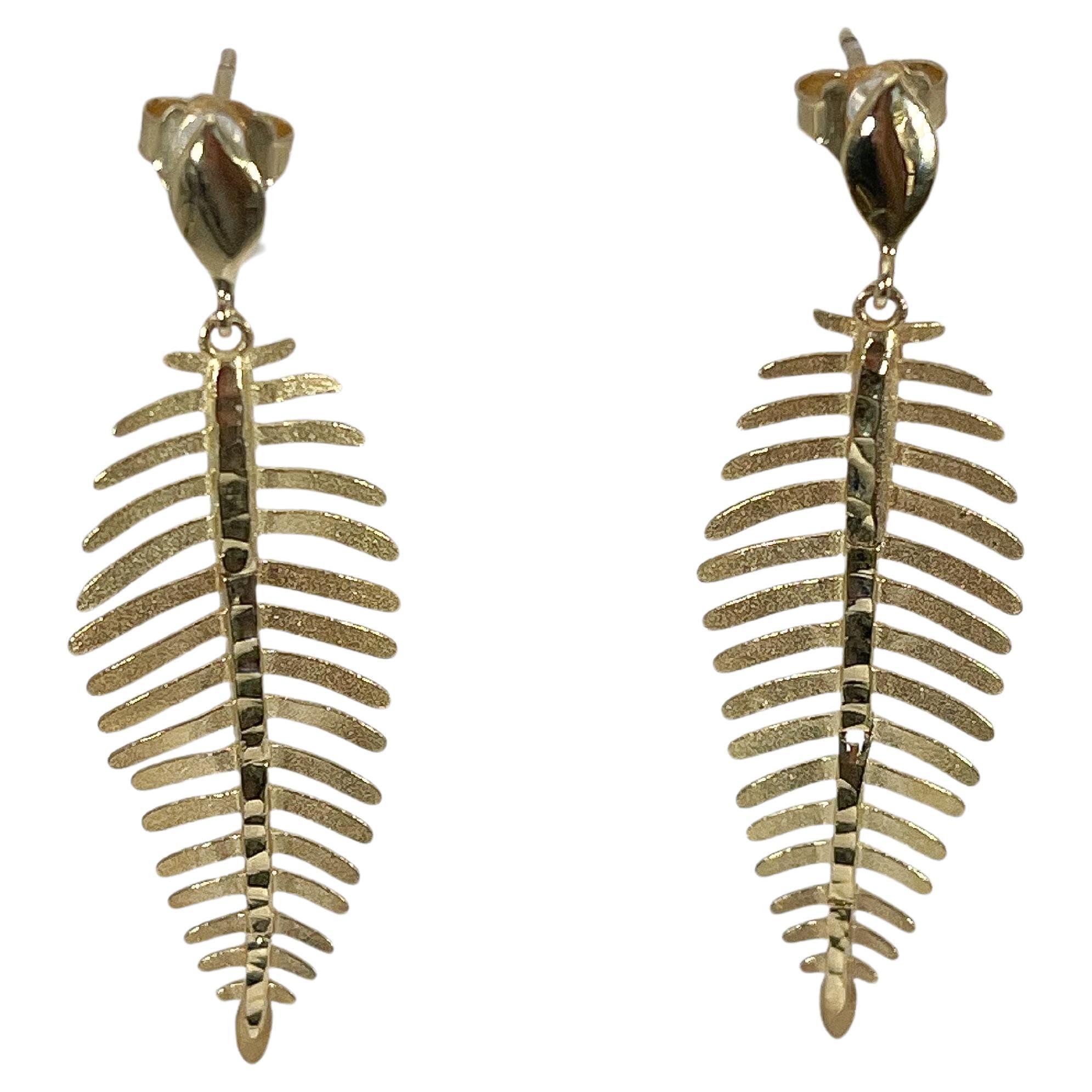 14K Yellow Gold Feather Dangle Earrings For Sale