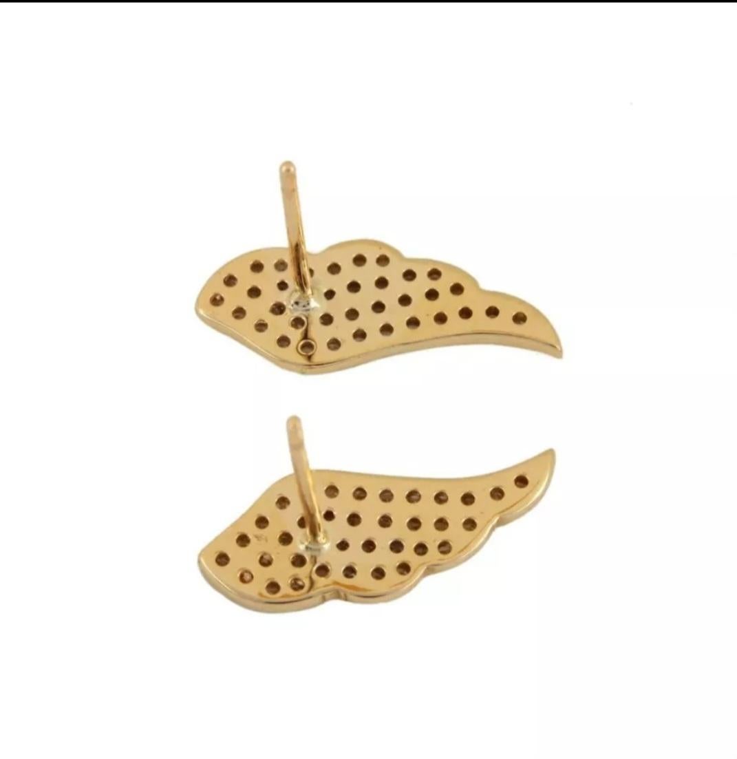 Art Deco 14K Yellow Gold Feather Earring Natural Diamond Party Wear Luxury Jewelry Gift. For Sale
