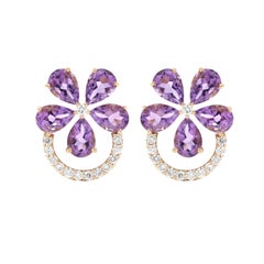 14K Yellow Gold Feminine Amethyst Gemstone Flower Stud Earrings with Diamonds