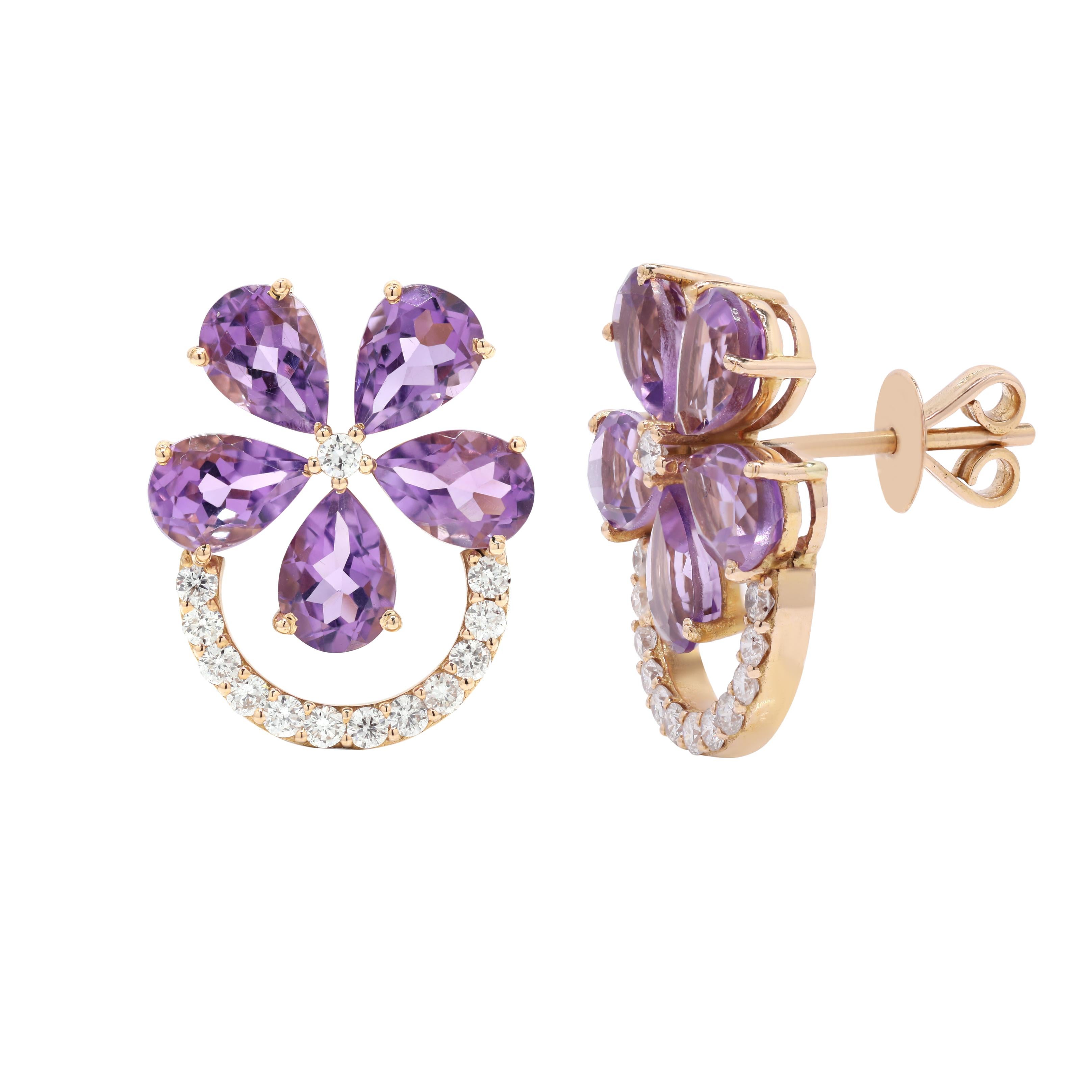 Pendientes femeninos de oro amarillo de 14 quilates con flor de amatista y diamantes Moderno en venta