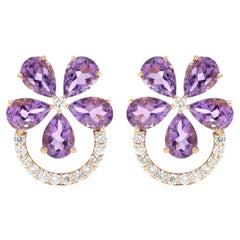 14K Yellow Gold Feminine Amethyst Gemstone Flower Stud Earrings with Diamonds