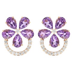 14K Yellow Gold Feminine Amethyst Gemstone Flower Stud Earrings with Diamonds