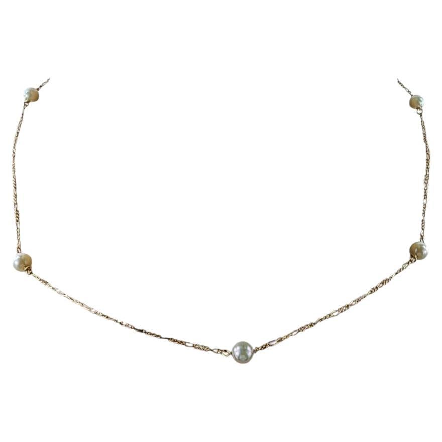 14k Yellow Gold Figaro Chain With Pearl Station Neckline #23129 For Sale