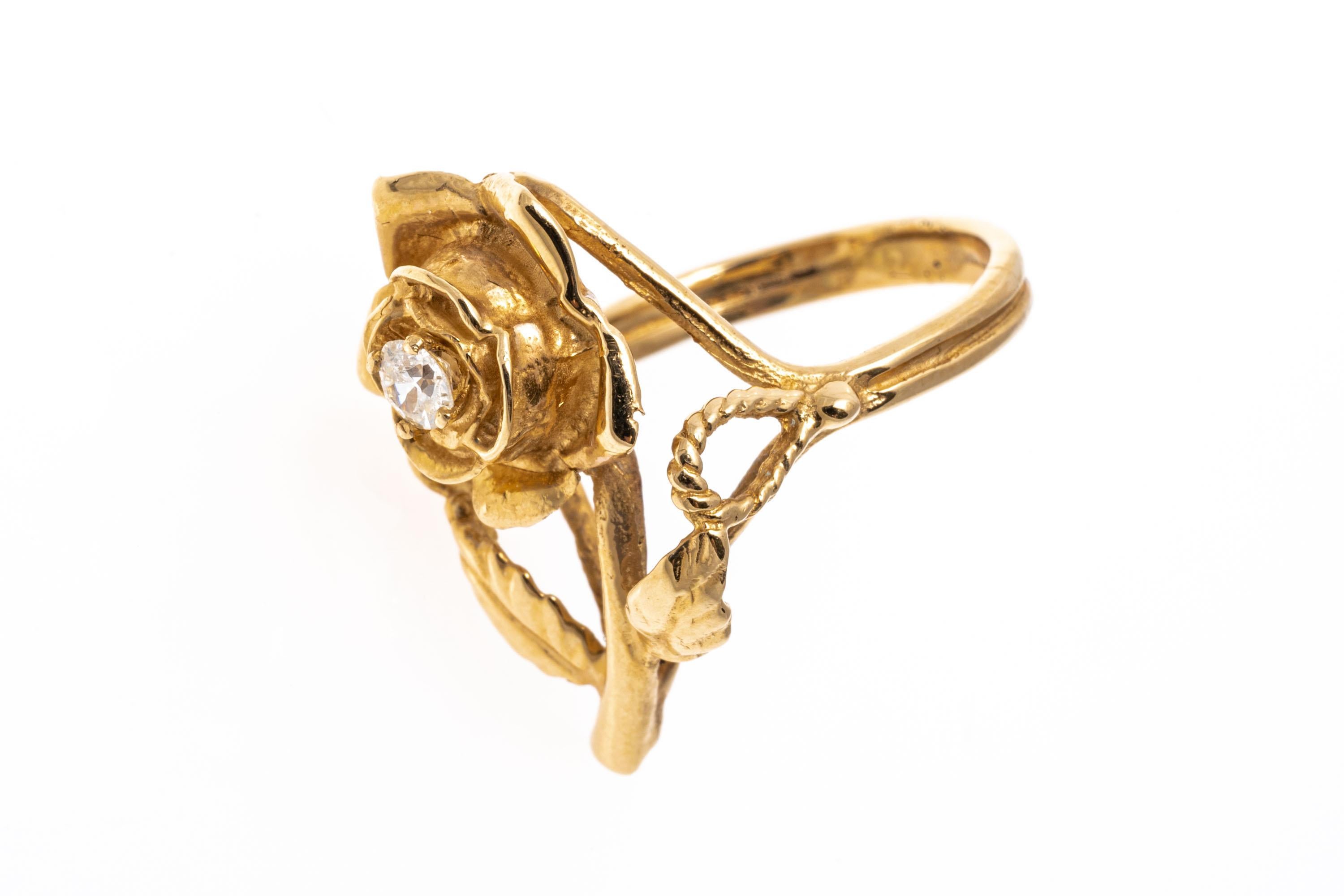 Women's 14k Yellow Gold Figural Diamond Set Rose Ring For Sale