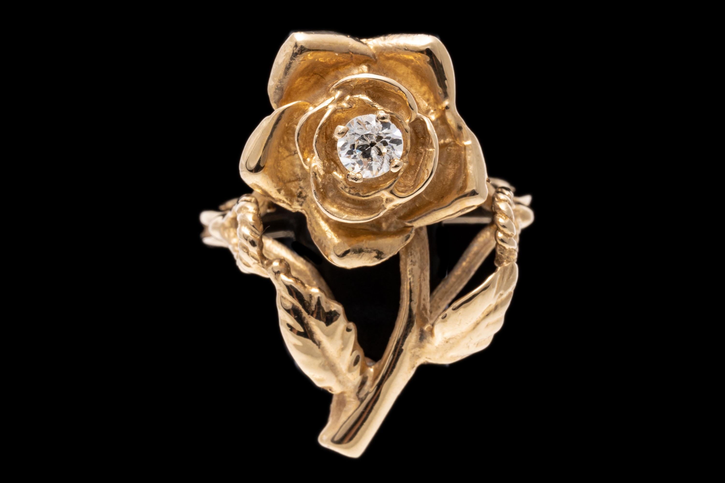 14k Yellow Gold Figural Diamond Set Rose Ring For Sale 1