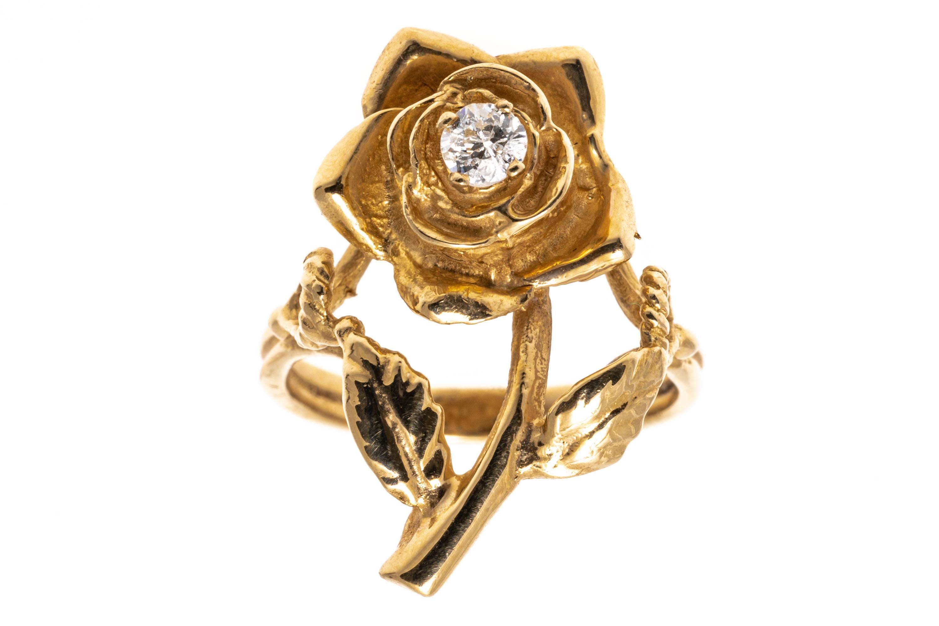 14k Yellow Gold Figural Diamond Set Rose Ring For Sale 2