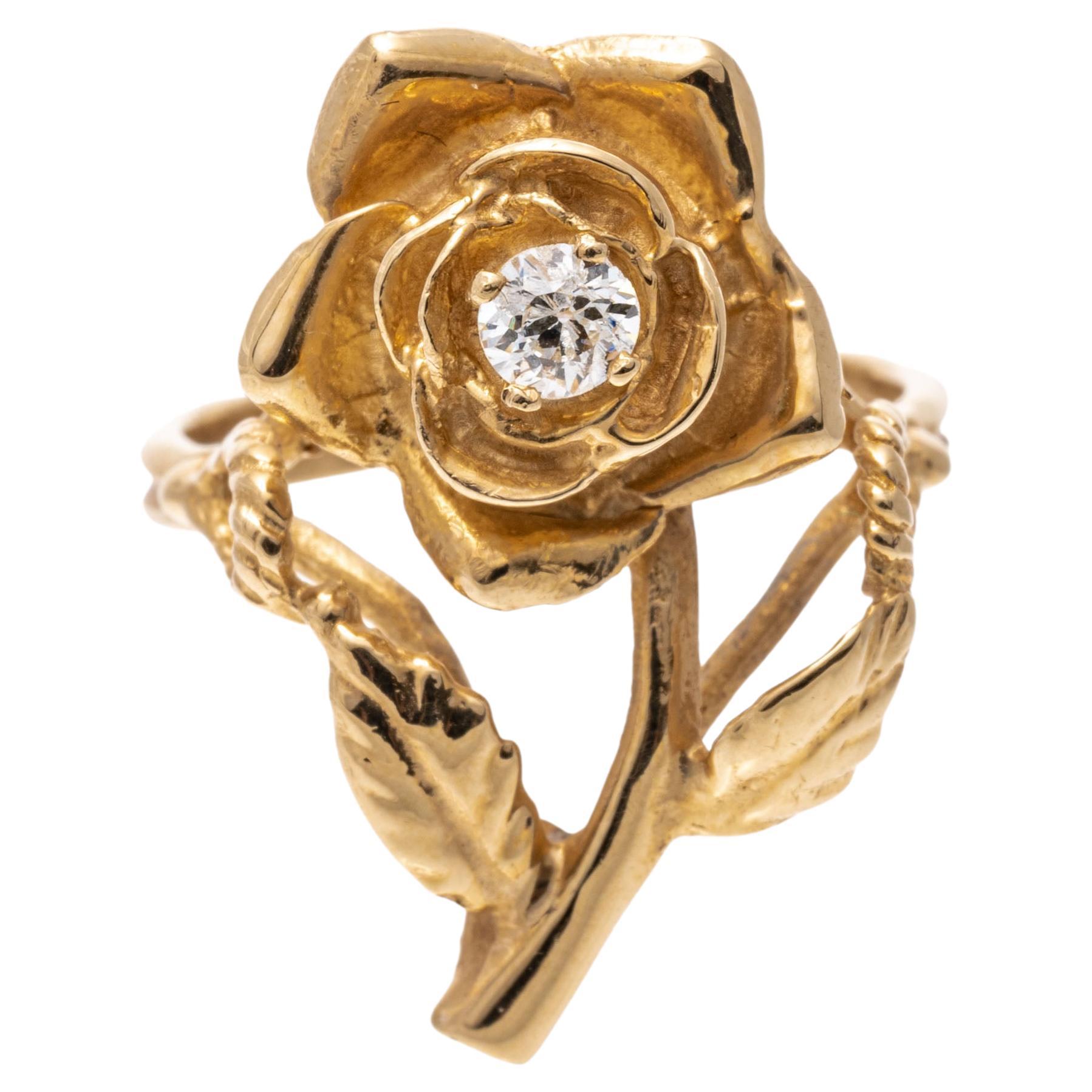 14k Yellow Gold Figural Diamond Set Rose Ring