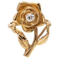 14k Yellow Gold Figural Diamond Set Rose Ring
