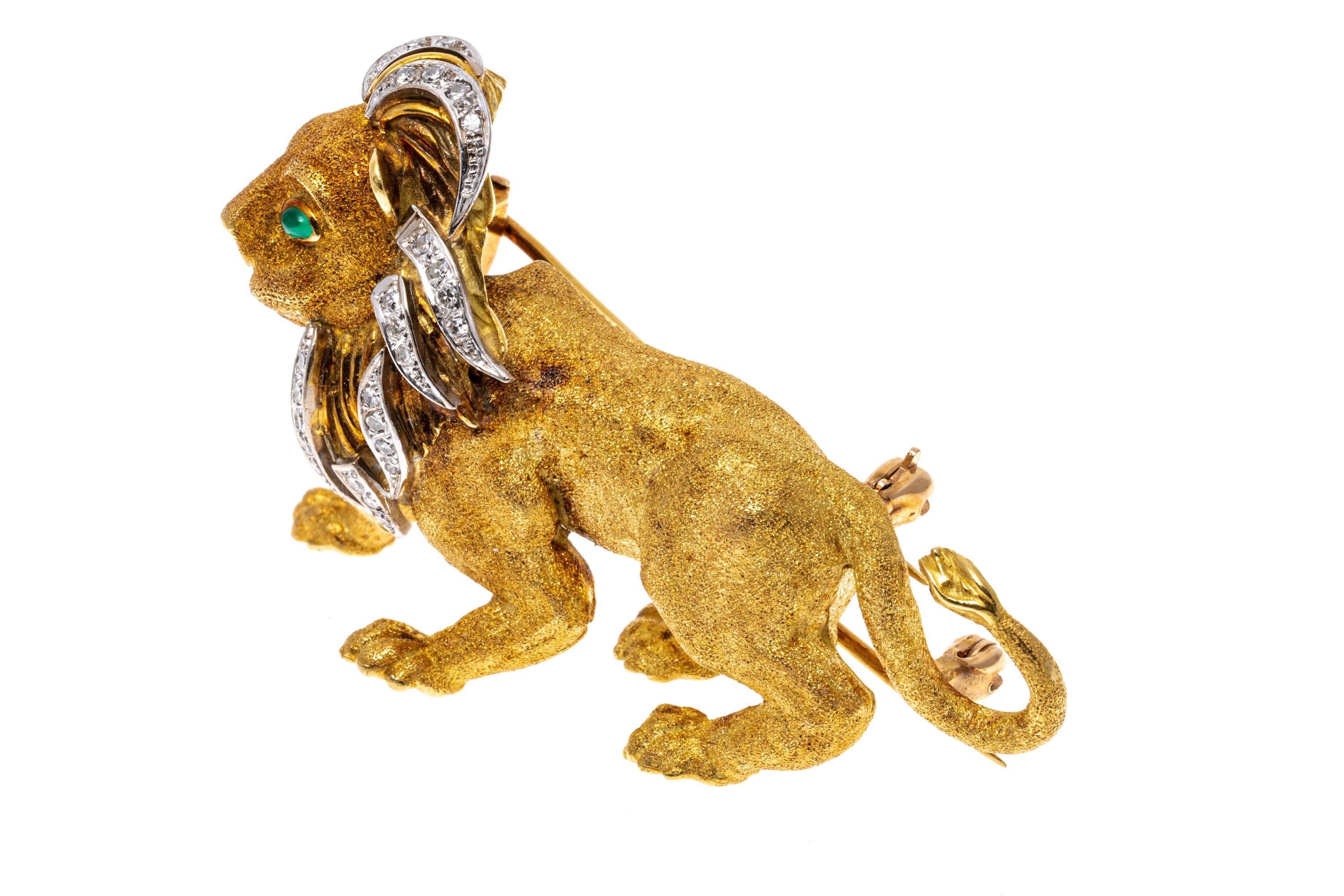 Women's or Men's 14k Yellow Gold Figural Lion Brooch with a Diamond Set Mane, App. 0.21 TCW For Sale