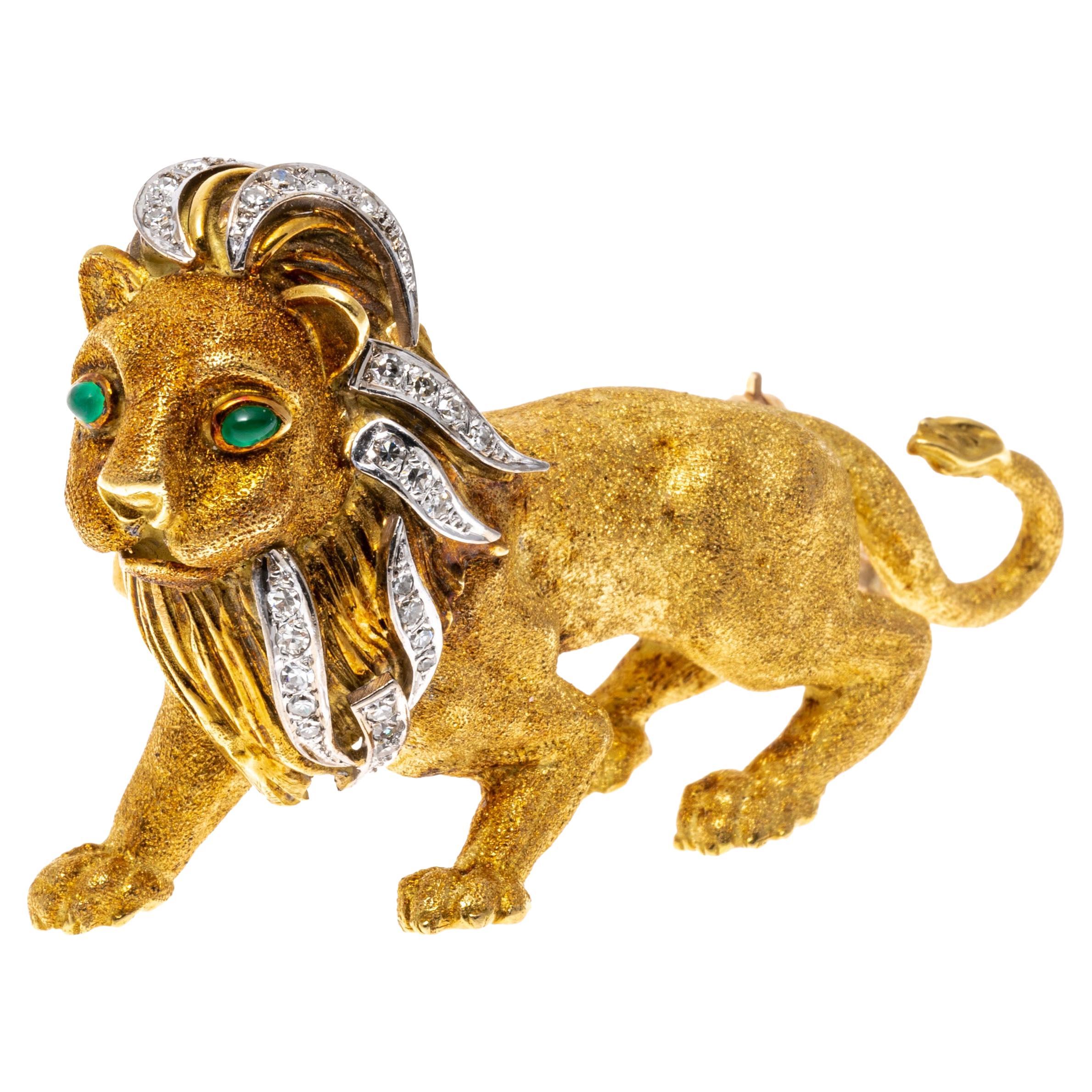 14k Yellow Gold Figural Lion Brooch with a Diamond Set Mane, App. 0.21 TCW For Sale