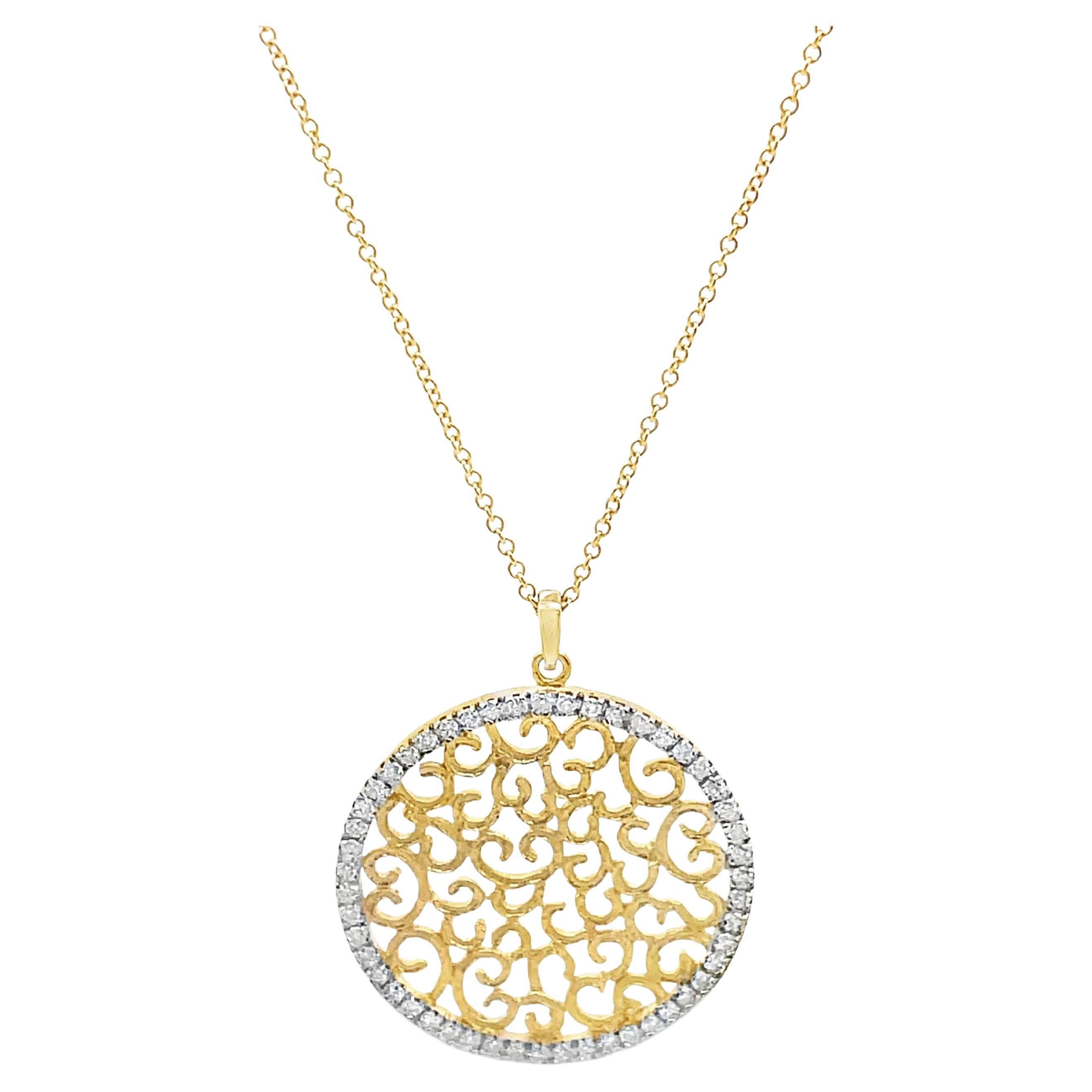 14K Yellow Gold Filigree Circle Medallion Pendant Necklace with Diamonds