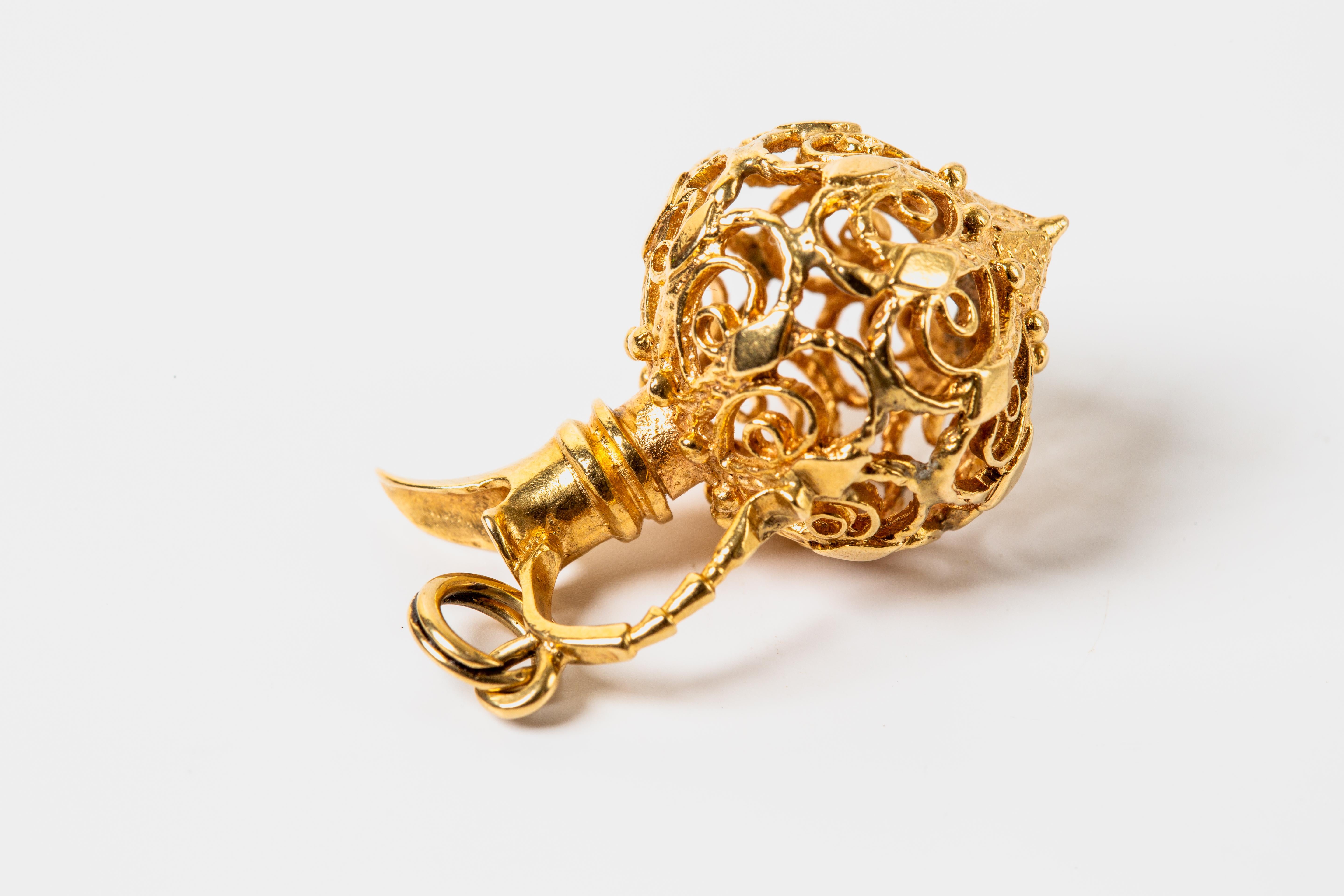 Women's or Men's 14k Yellow Gold Filigree Decorated Pitcher Charm/Pendant For Sale
