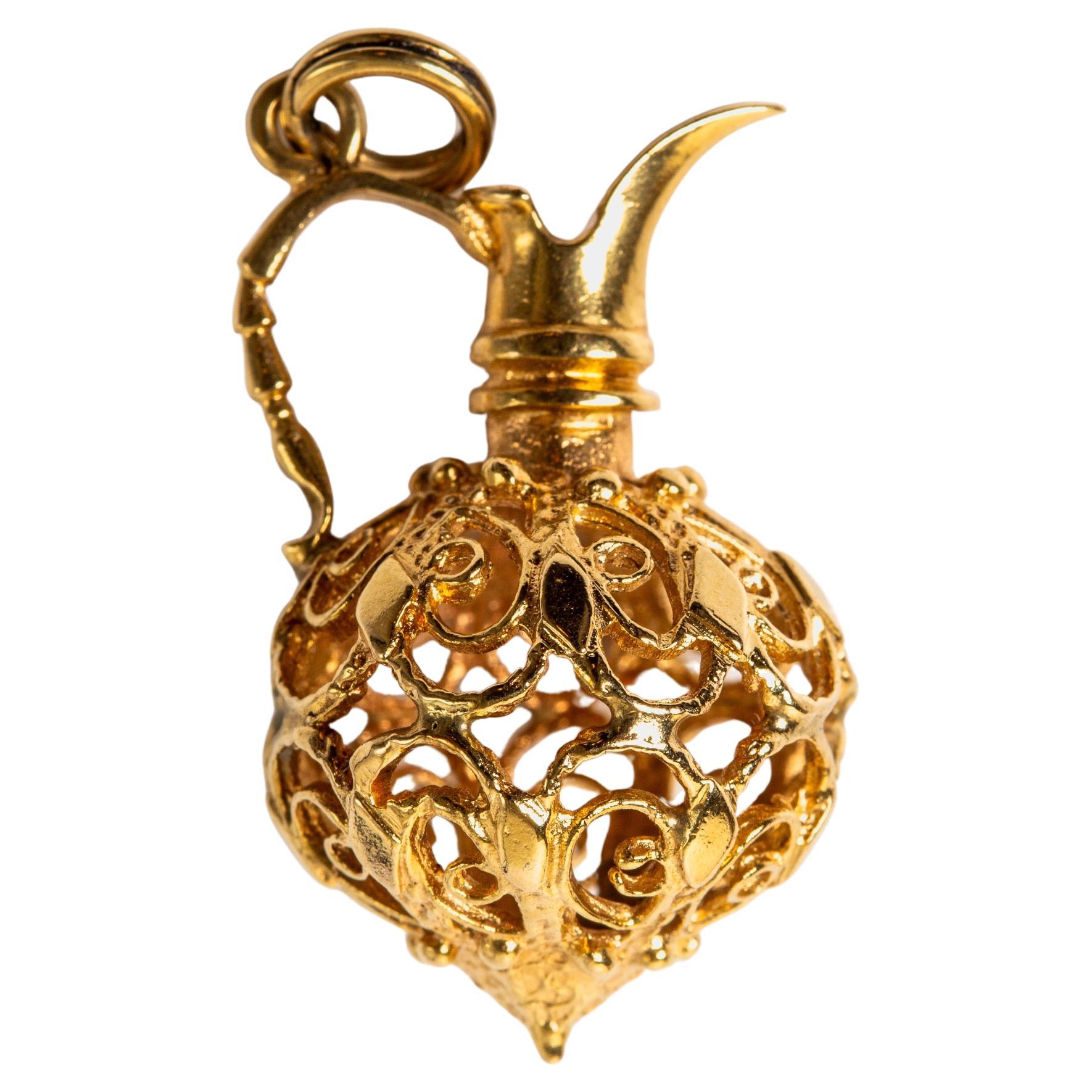 14k Yellow Gold Filigree Decorated Pitcher Charm/Pendant For Sale