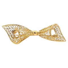 14k Yellow Gold Filigree Open Work Bow Ribbon Pin Brooch