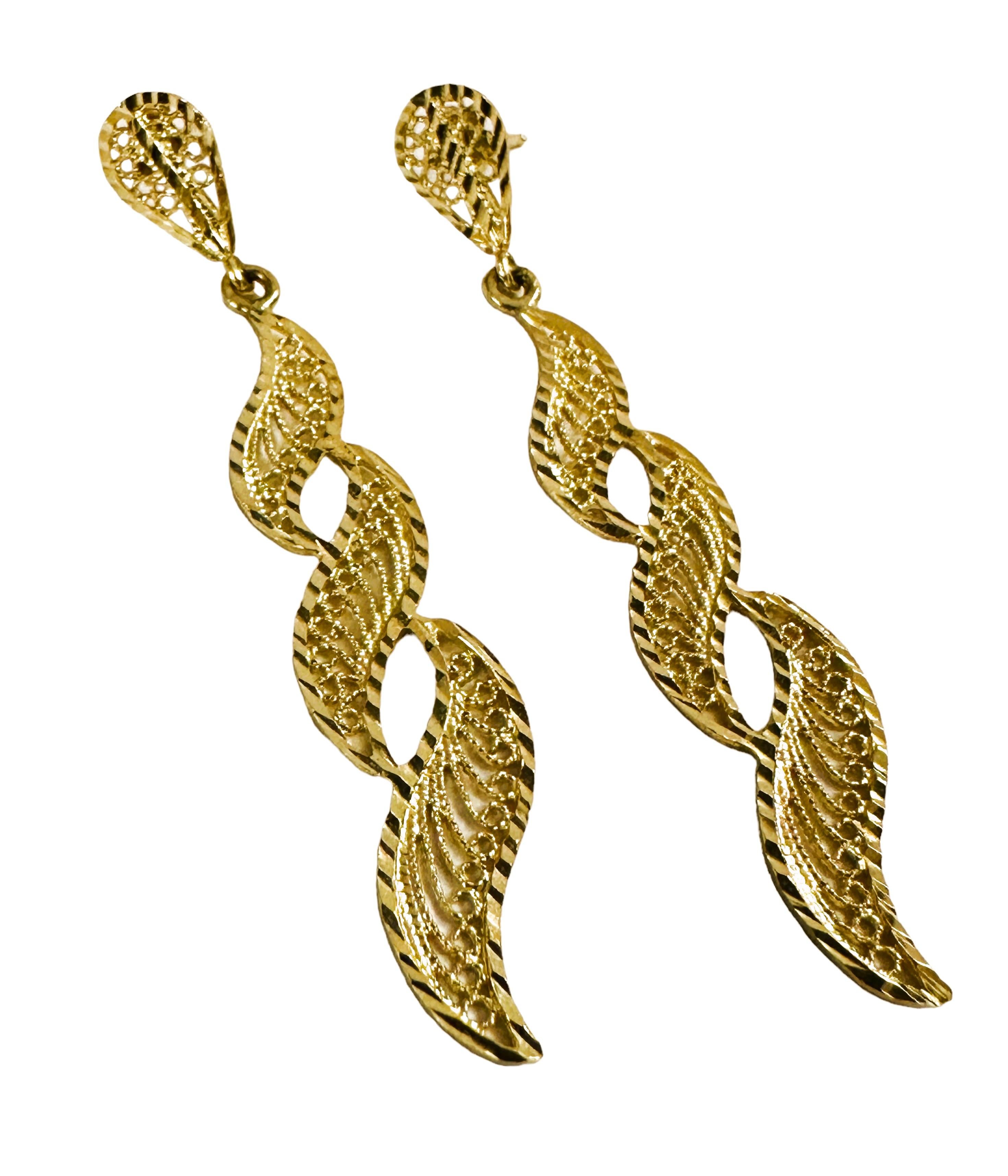 14k Yellow Gold Filigree Post Dangle Earrings 2.25 Inches Long 1