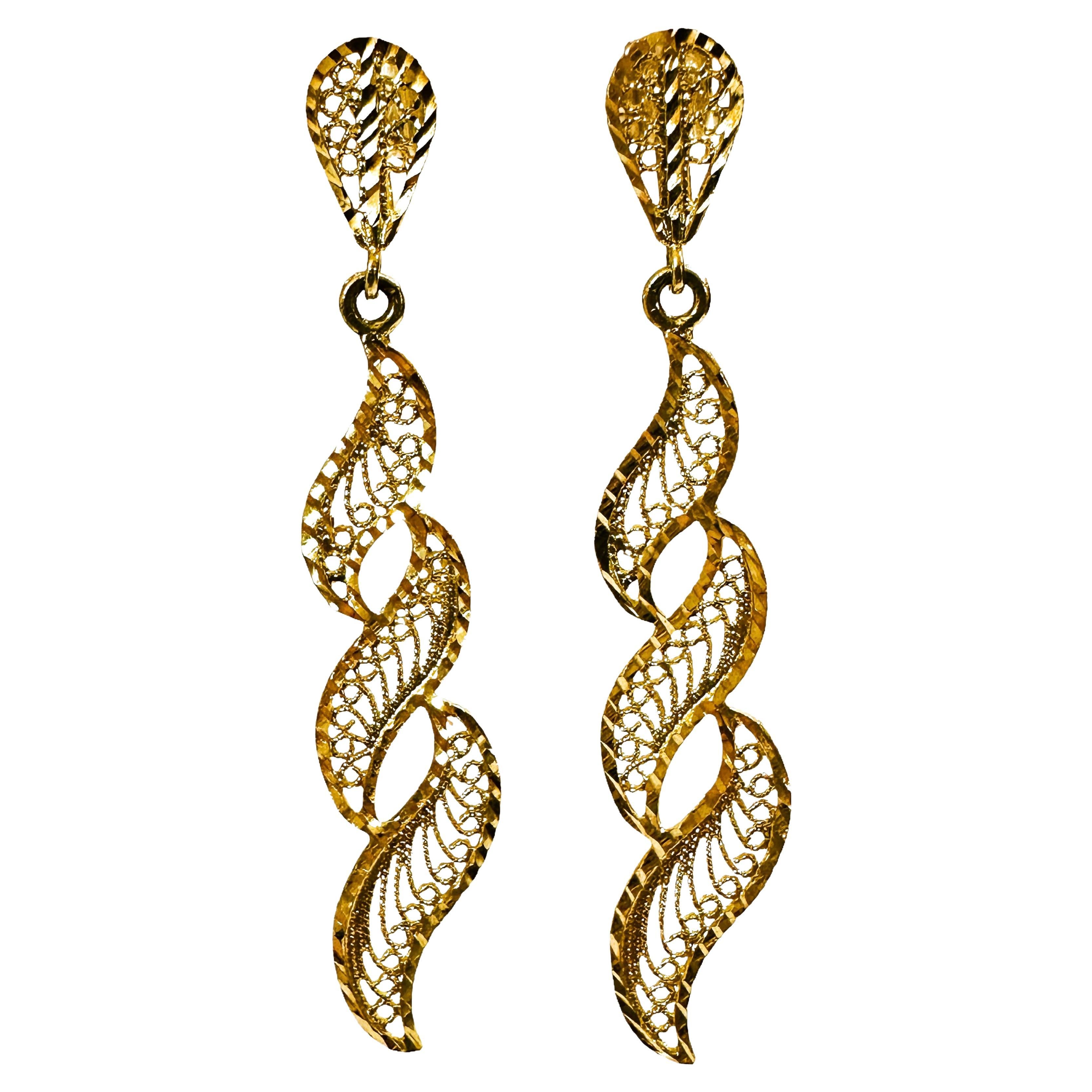 14k Yellow Gold Filigree Post Dangle Earrings 2.25 Inches Long