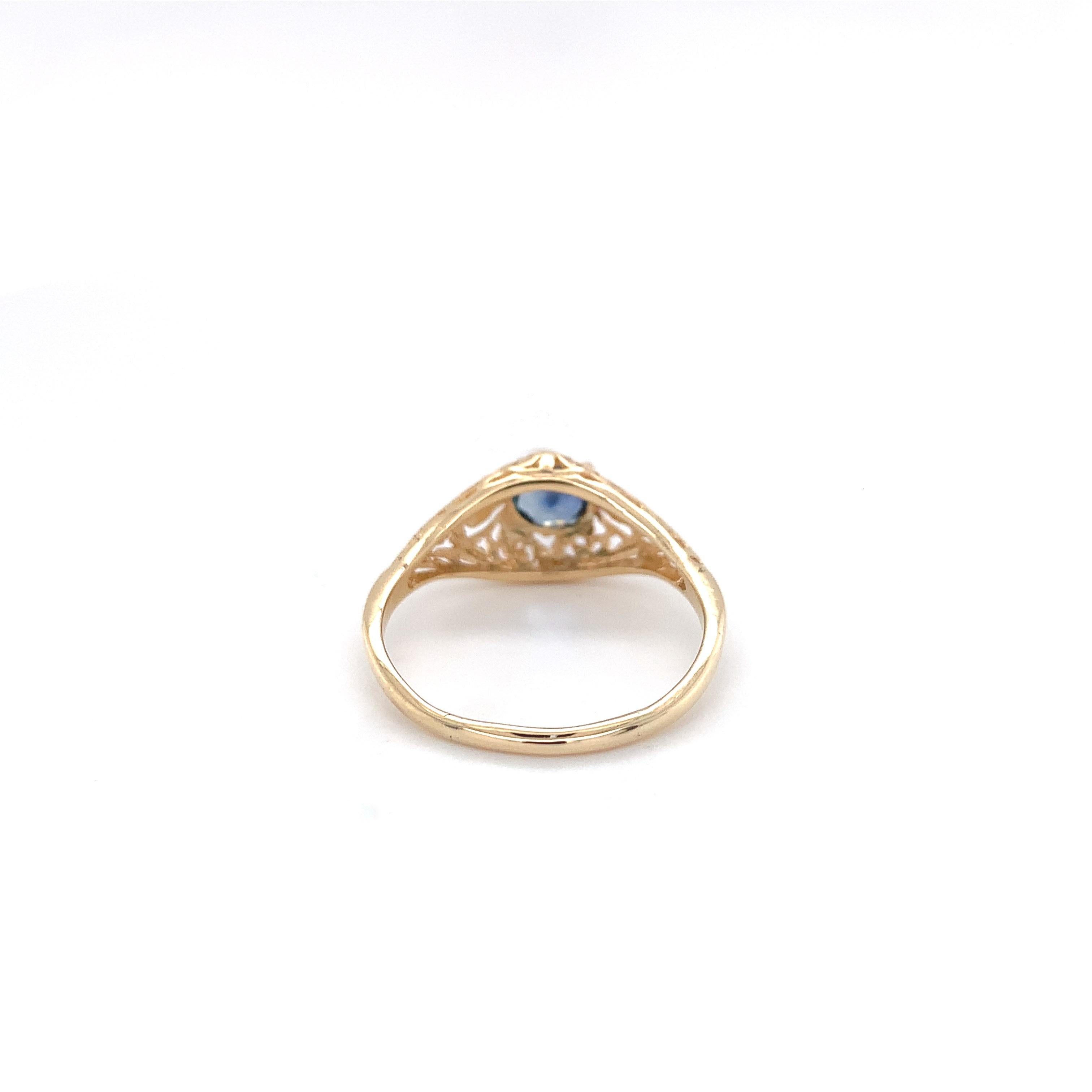 Round Cut 14K Yellow Gold Filigree Ring with .63ct Sapphire For Sale
