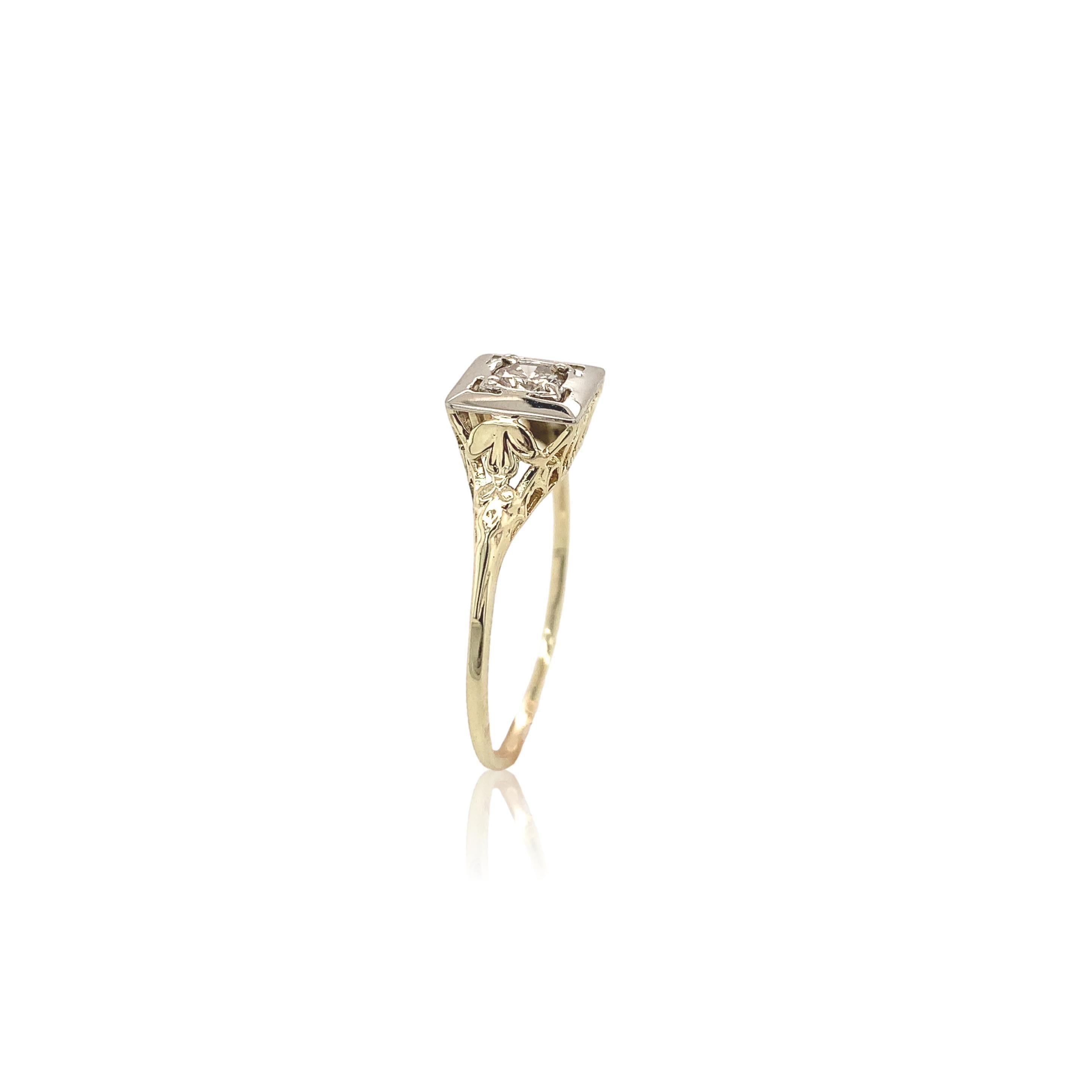 Round Cut 14K yellow gold filigree ring with a white gold top featuring a round brilliant For Sale