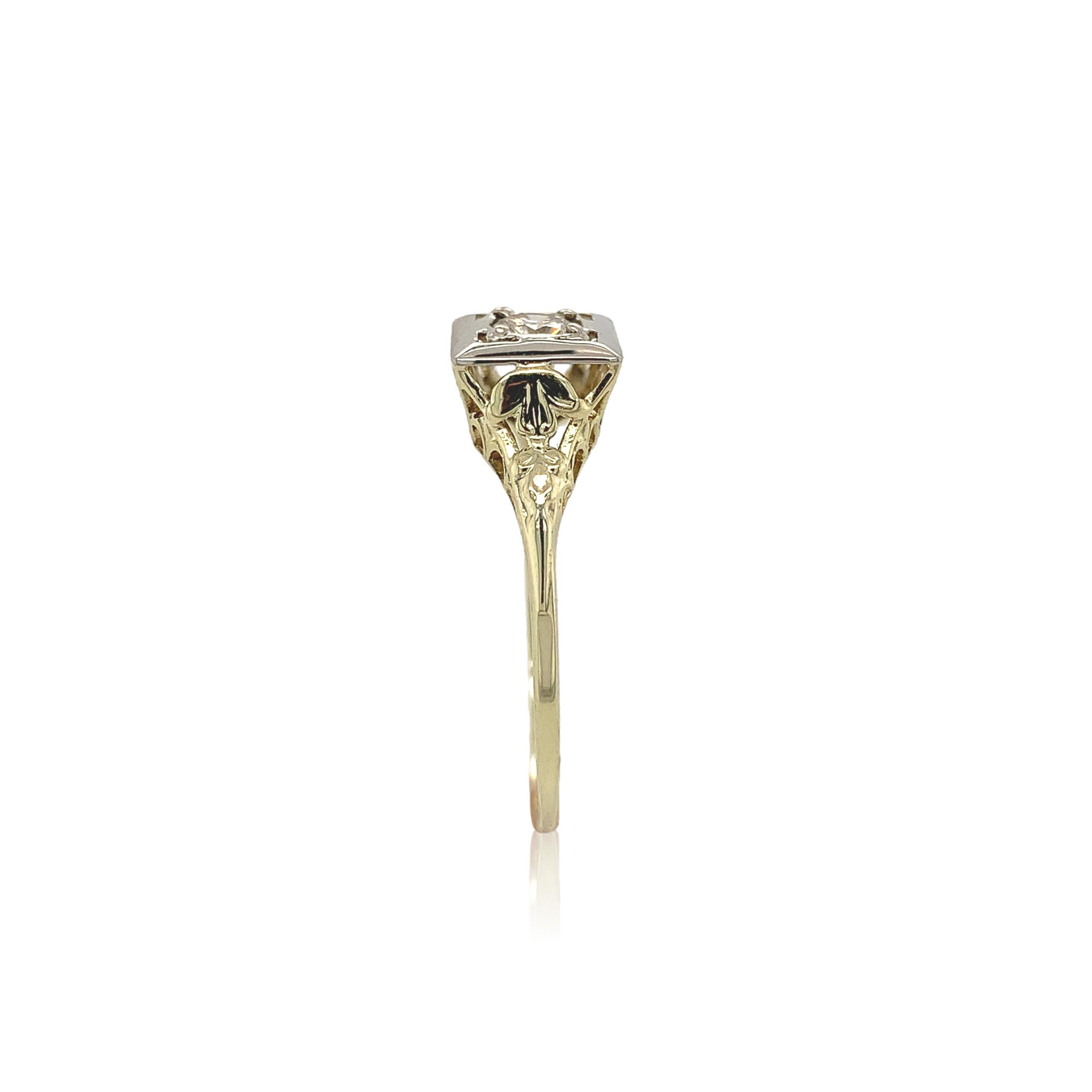 14K yellow gold filigree ring with a white gold top featuring a round brilliant In New Condition For Sale In Big Bend, WI