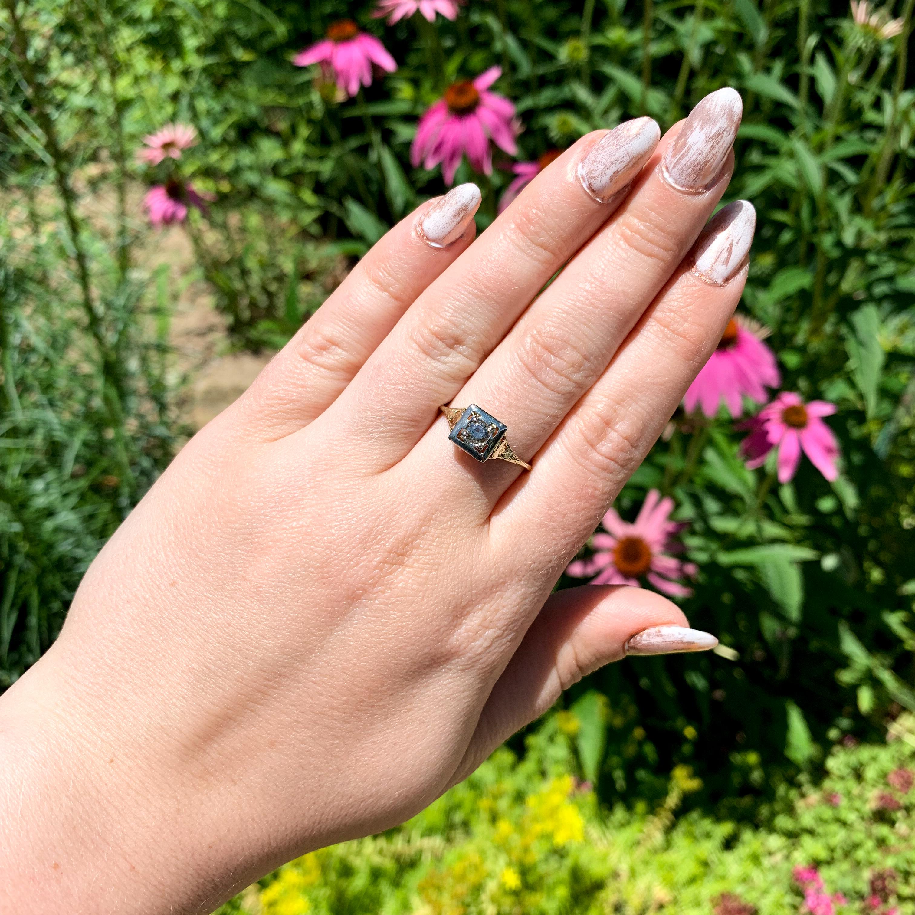 14K yellow gold filigree ring with a white gold top featuring a round brilliant For Sale 1
