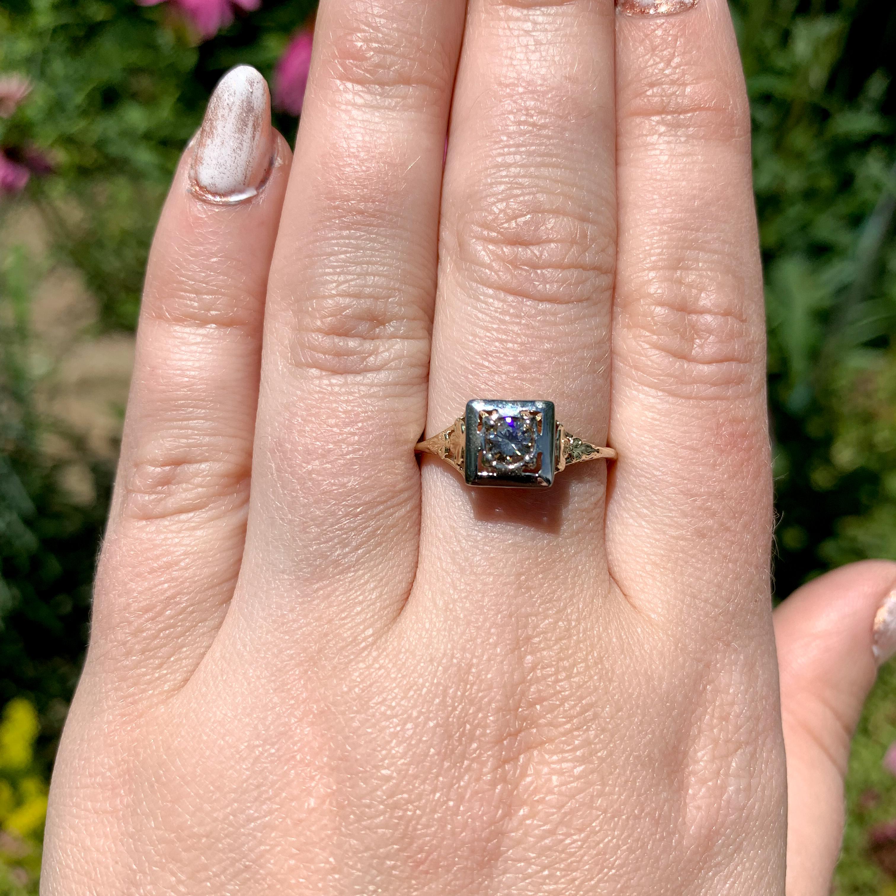 14K yellow gold filigree ring with a white gold top featuring a round brilliant For Sale 2