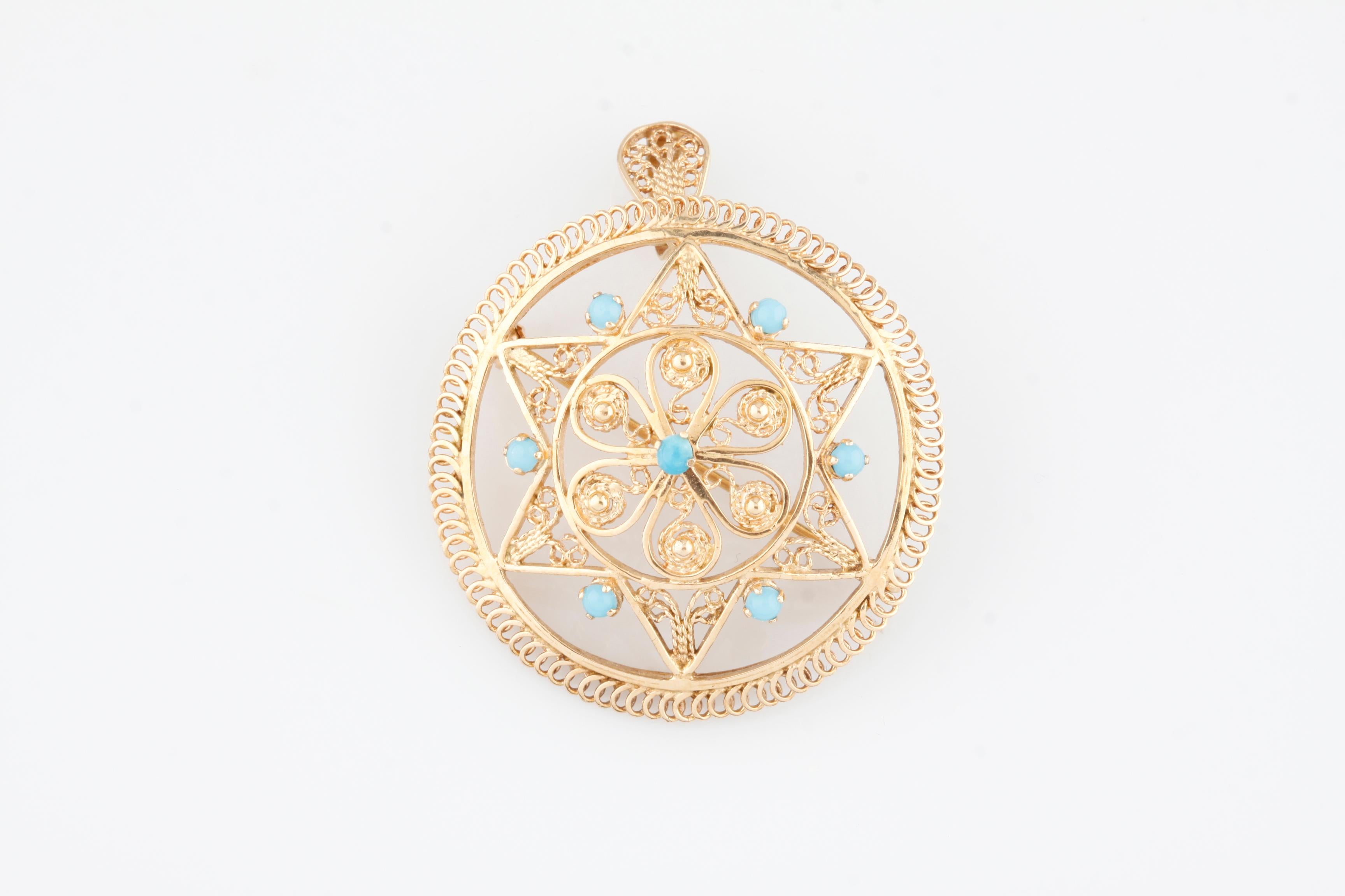 Gorgeous Intricate Wire Filigree 14k Yellow Gold Star of David Pendant/Brooch
Features Prong Set Seed Turquoise Accents
Diameter of Pendant = 38 mm
Total Mass = 10 grams
Piece is in Good Condition. Shows Few Signs of Aging or Wear. See photos and