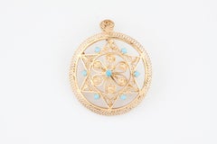 14k Yellow Gold Filigree Star of David Pendant/Brooch w/ Seed Turquoise Accents