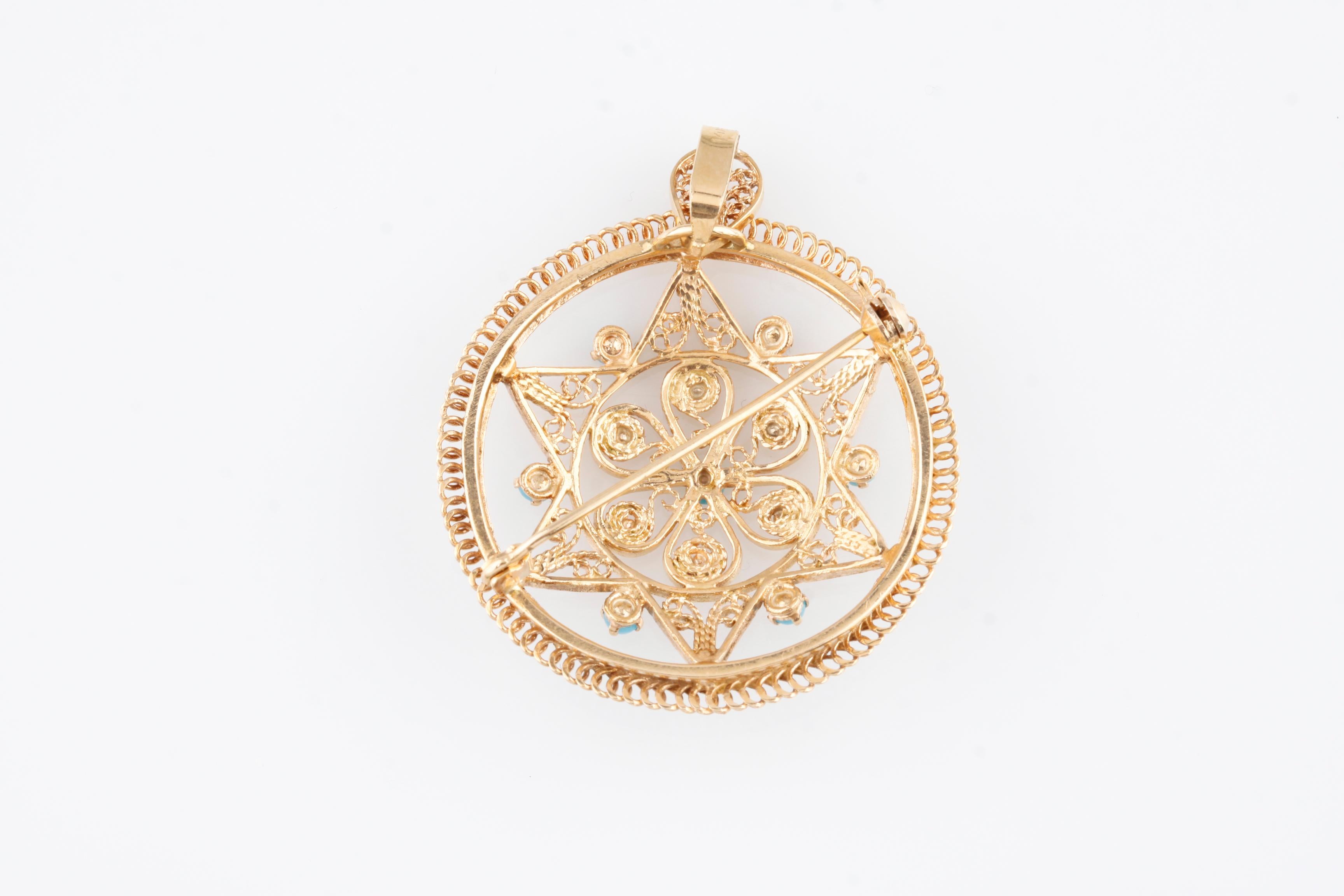 Modern 14k Yellow Gold Filigree Star of David Pendant/Brooch w/ Seed Turquoise Accents