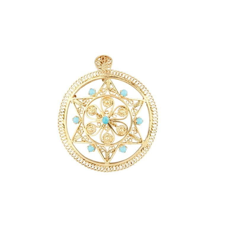 Ball Cut 14k Yellow Gold Filigree Star of David Pendant/Brooch w/ Seed Turquoise Accents
