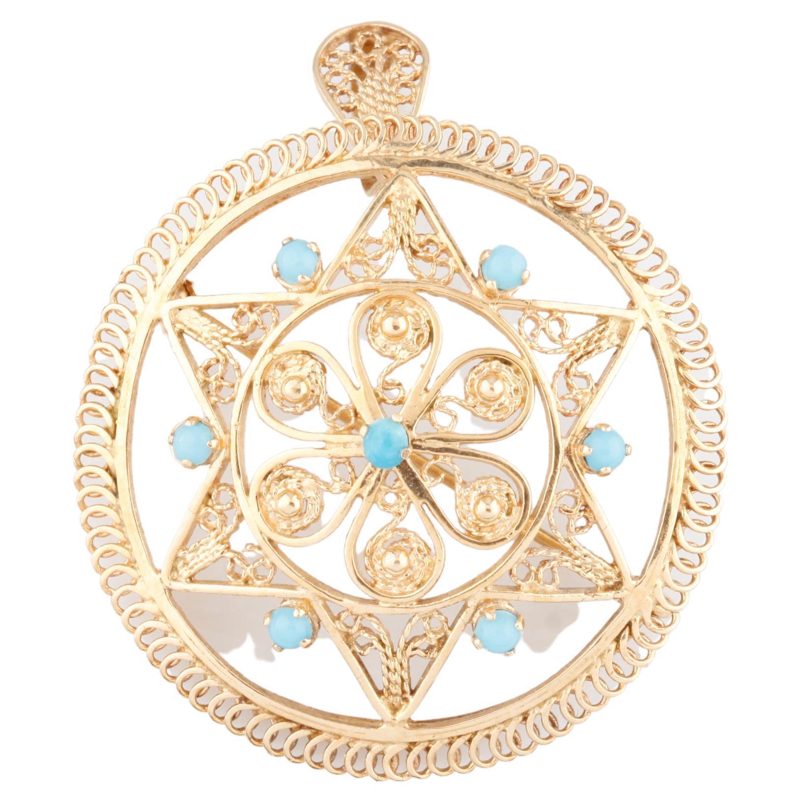 14k Yellow Gold Filigree Star of David Pendant/Brooch w/ Seed Turquoise Accents