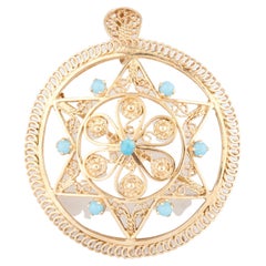 Vintage 14k Yellow Gold Filigree Star of David Pendant/Brooch w/ Seed Turquoise Accents