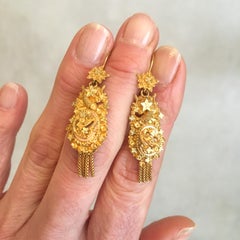 Antique 14K Yellow Gold Tassel Earrings and Brooch, Jewelry Set