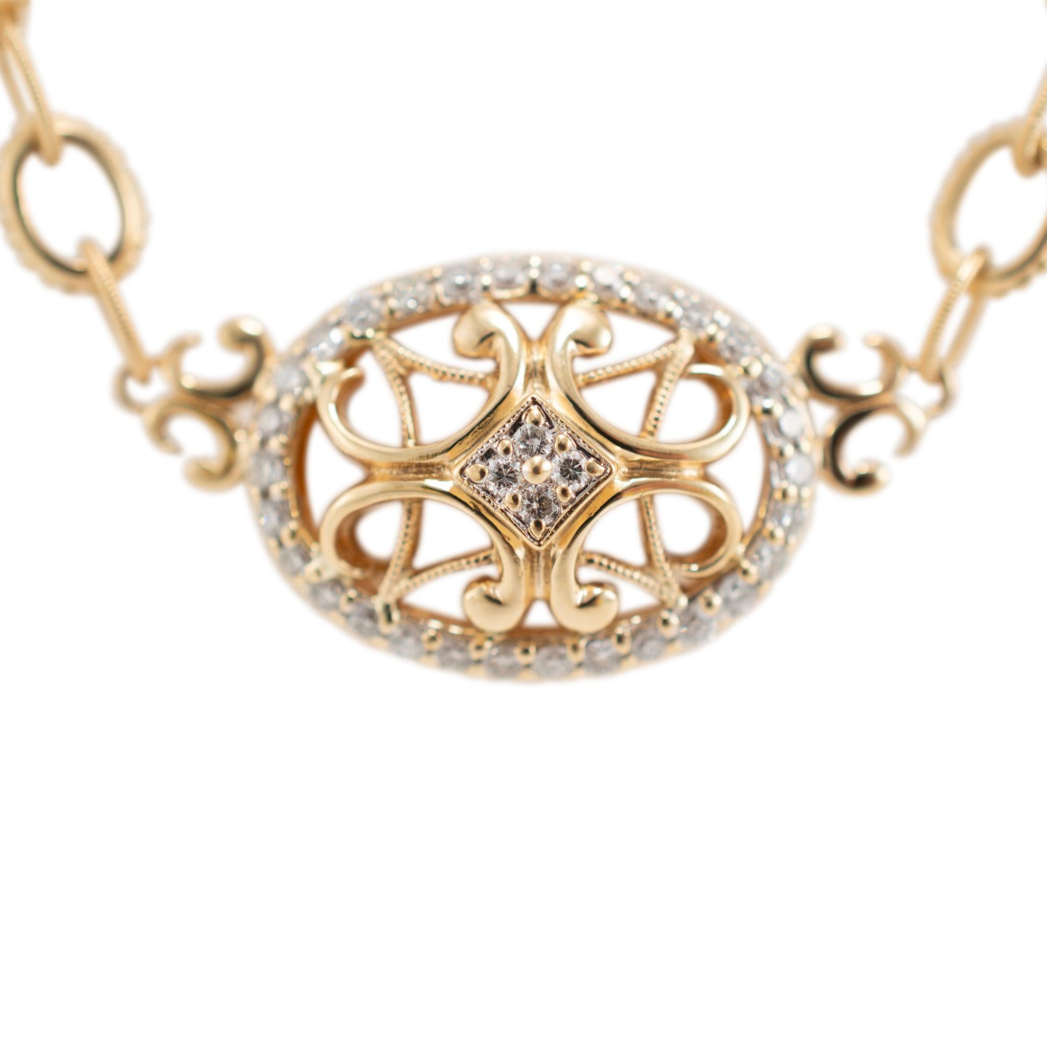 Gender: Ladies 

Metal Type: 14K Yellow Gold

Length: 18.00 inches

Weight: 24.40 grams 

One ladies filigree-style 14K yellow gold single strand diamond classic-style necklace. The metal was tested and determined to be 14K yellow gold. Engraved