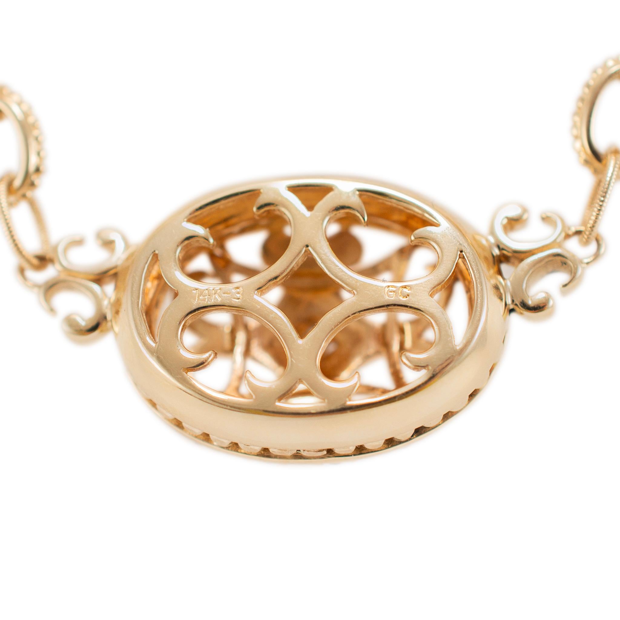 Round Cut 14K Yellow Gold Filigreed Style Beads Diamond Oval Pendant Necklace For Sale