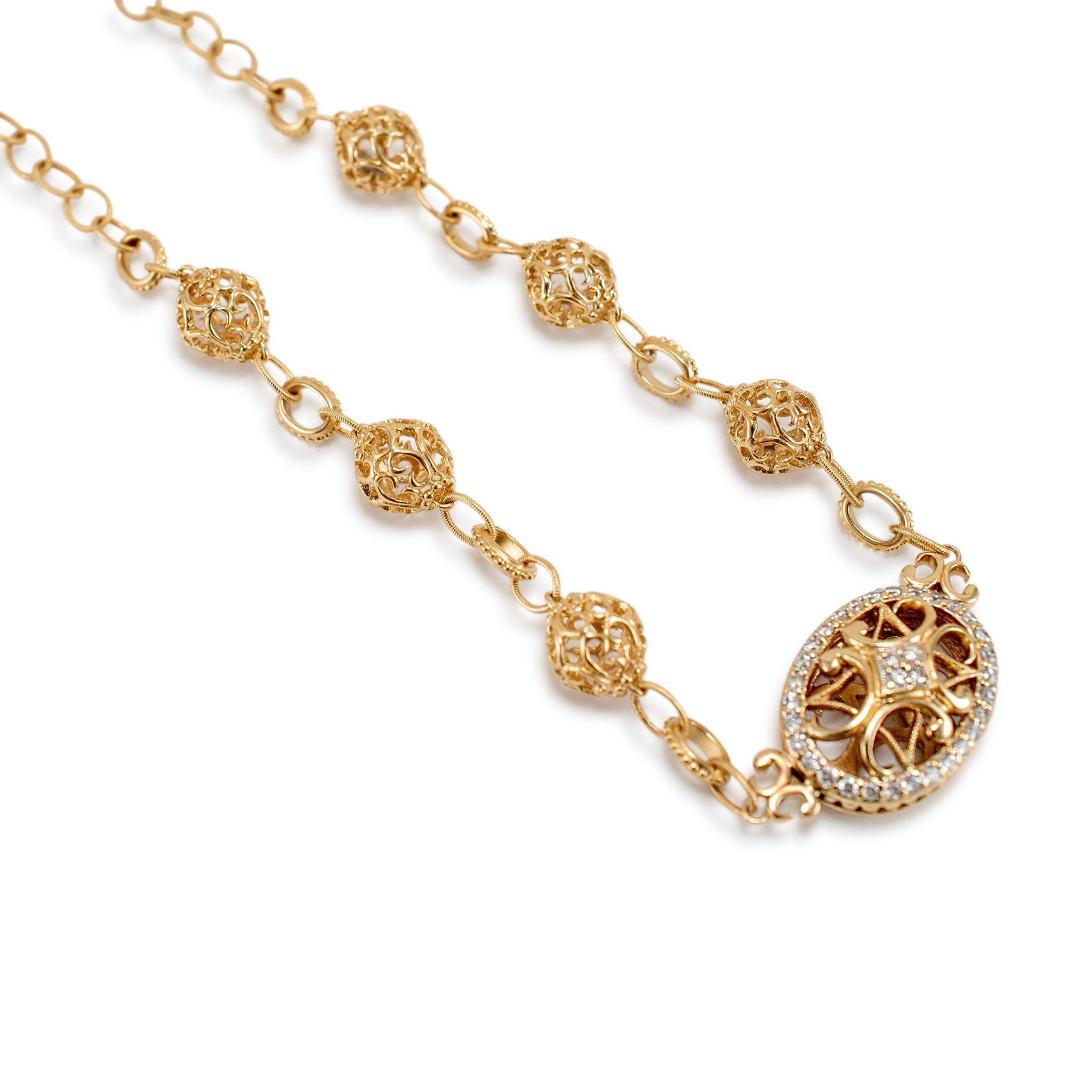 14K Yellow Gold Filigreed Style Beads Diamond Oval Pendant Necklace In Excellent Condition For Sale In Houston, TX