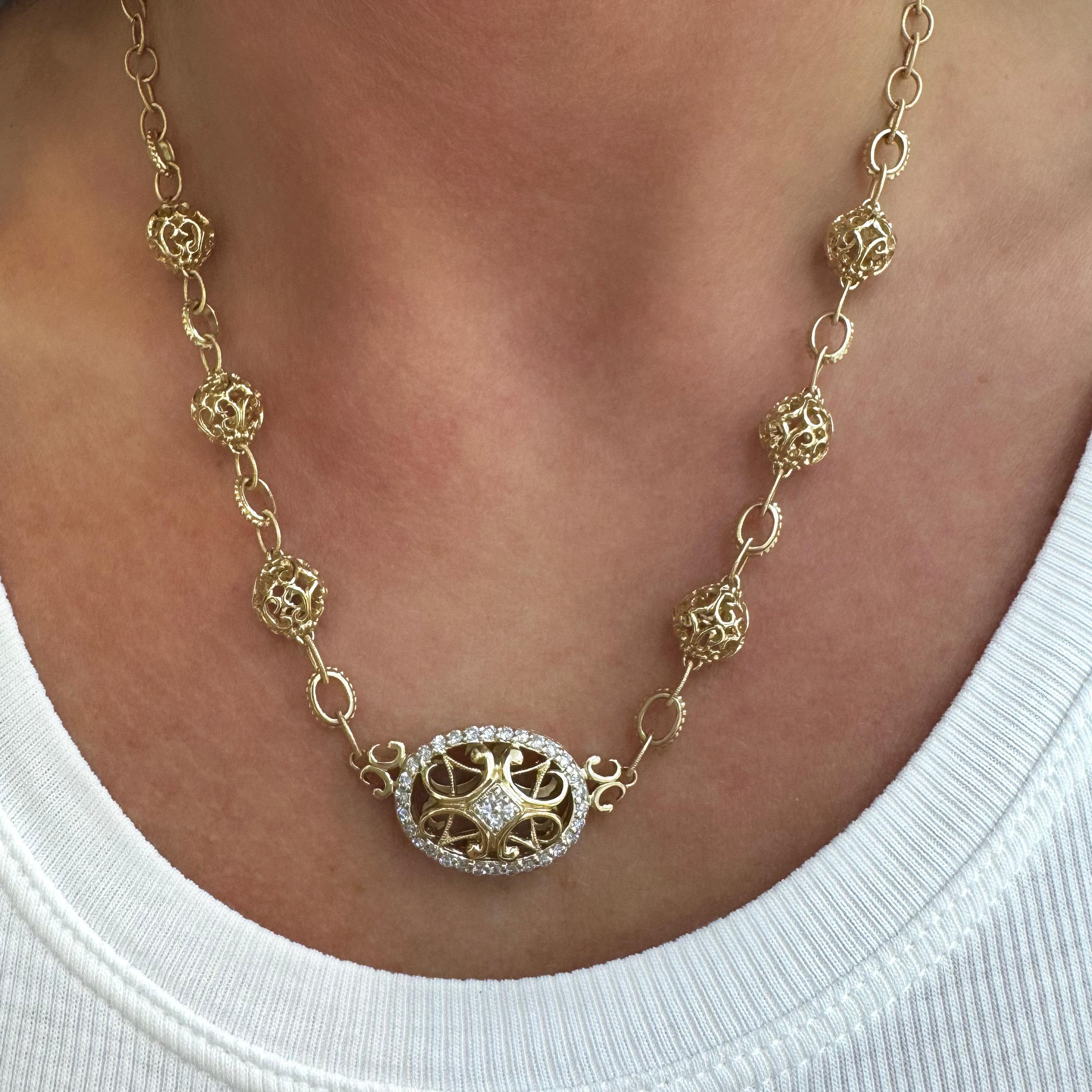 14K Yellow Gold Filigreed Style Beads Diamond Oval Pendant Necklace For Sale 1