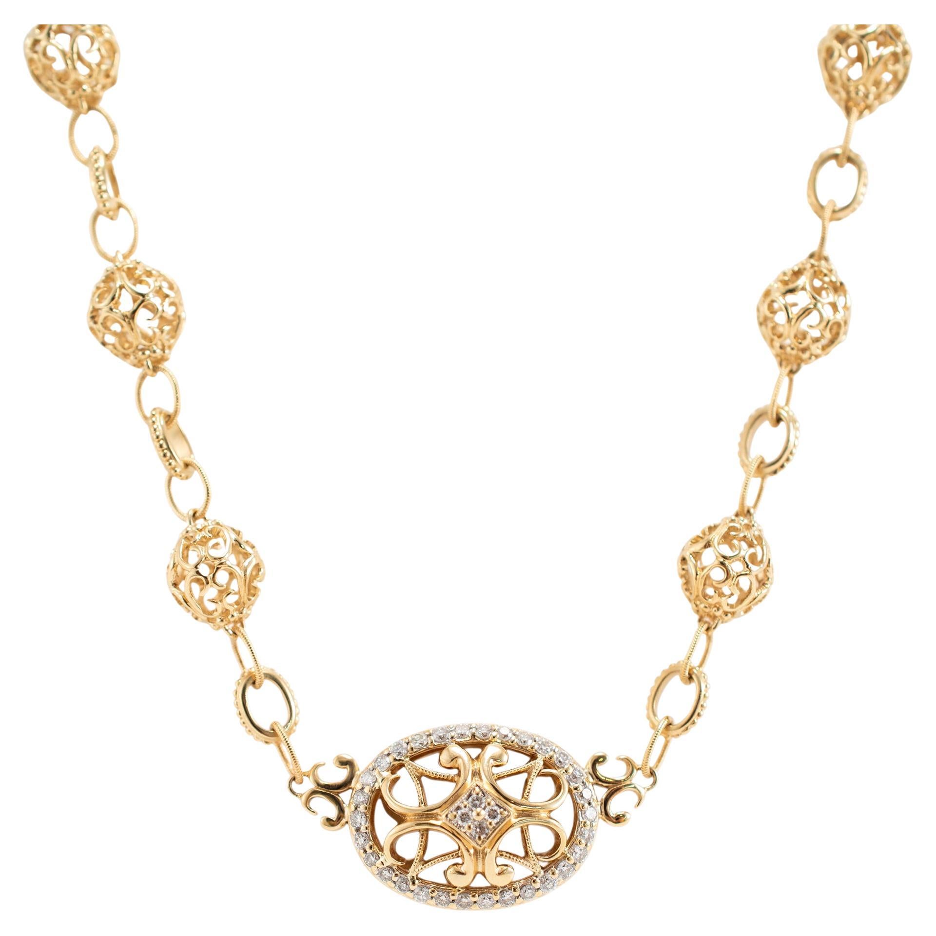 14K Yellow Gold Filigreed Style Beads Diamond Oval Pendant Necklace For Sale