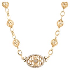Collar Colgante Ovalado Diamante Perlas Estilo Filigrana Oro Amarillo 14K