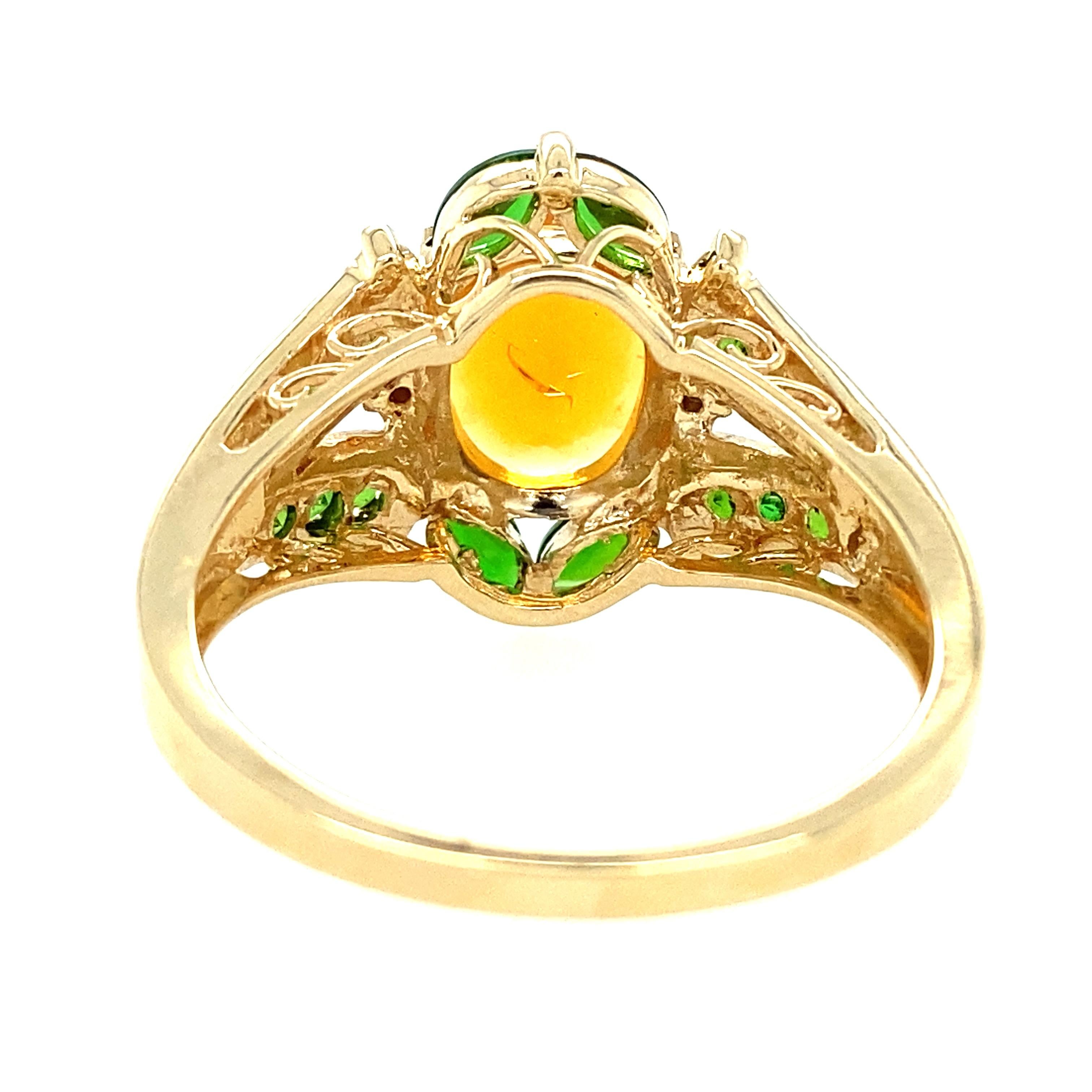 Women's or Men's 14K Yellow Gold Fire Opal and Tsavorite Garnet Ring