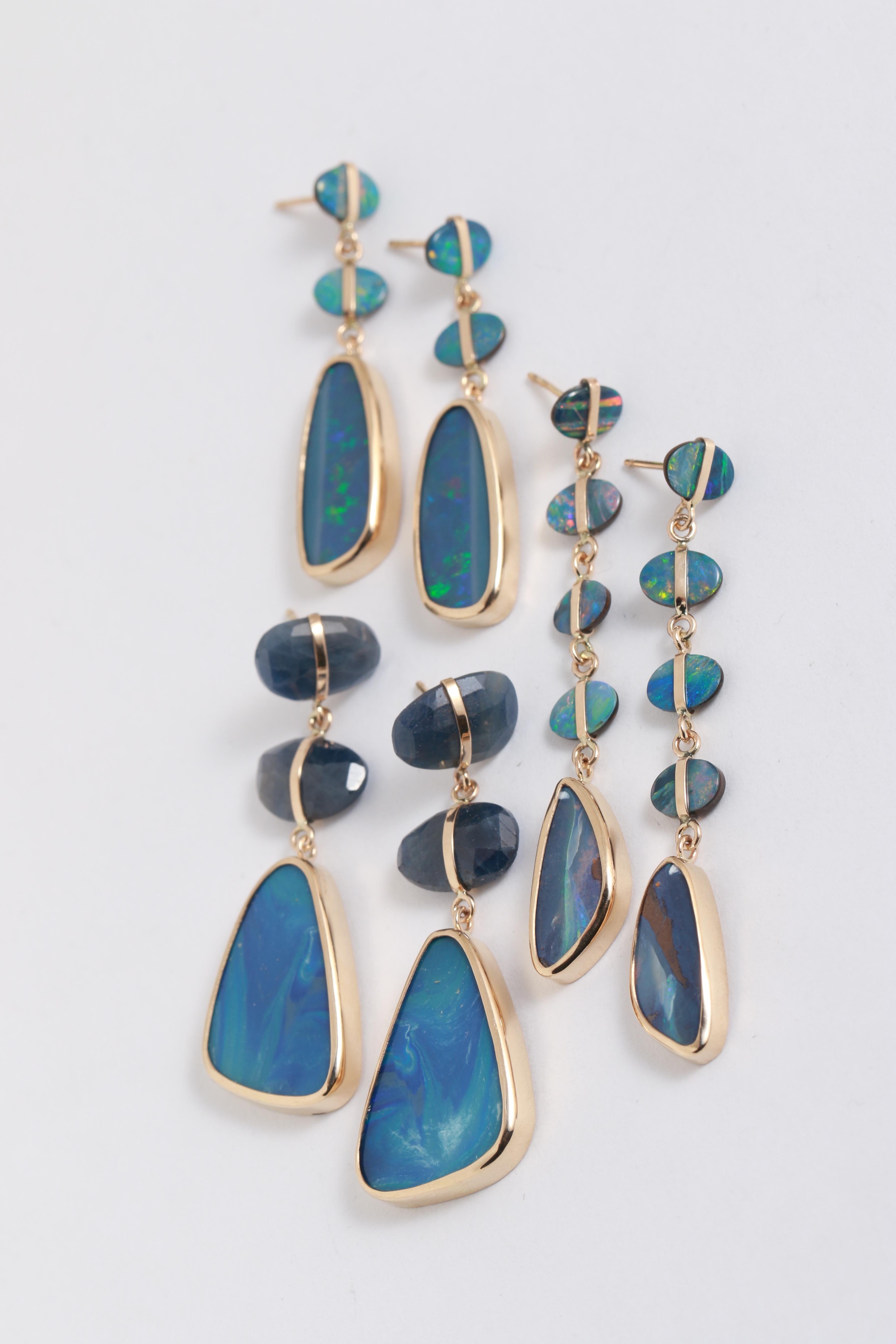 Cabochon 14k Yellow Gold Five Drop Opal Earrings For Sale