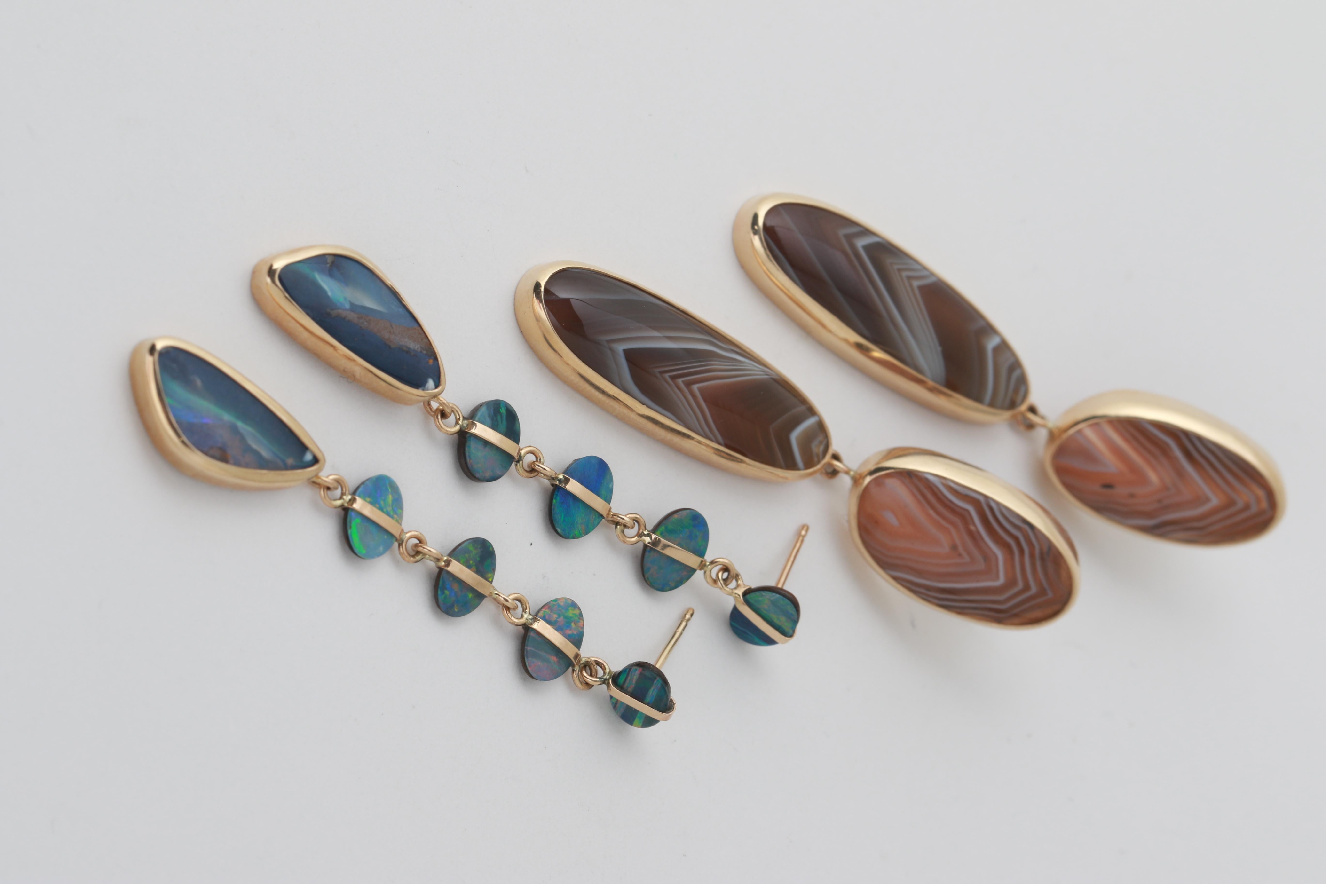 Women's or Men's 14k Yellow Gold Five Drop Opal Earrings For Sale