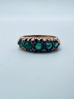 14K Yellow Gold Five-Stone Round Emerald Ring with Vintage Gallery Design