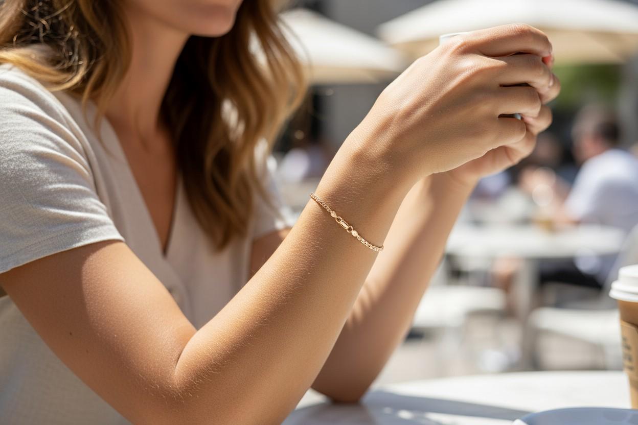 Estampillé Italy 14K, cet élégant bracelet incarne l'allure intemporelle de l'artisanat italien. Conçue selon un modèle classique à maillons plats, elle offre un éclat raffiné qui s'harmonise avec tous les poignets. Mesurant 7,75 pouces de long,