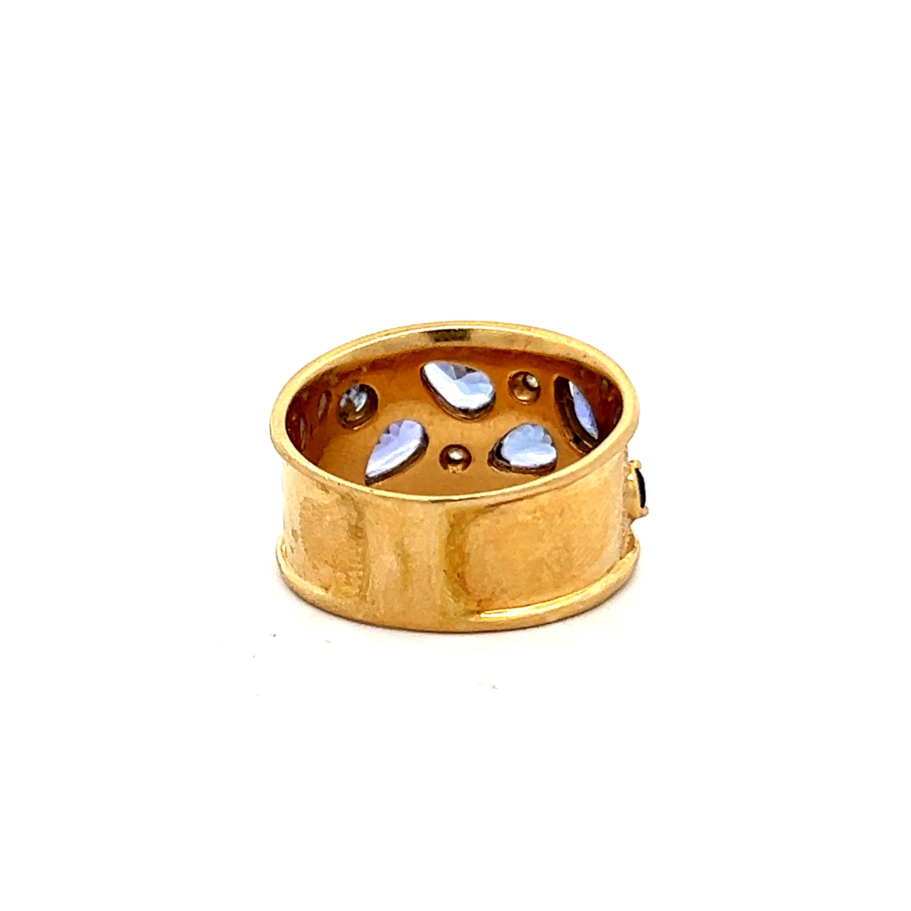 Round Cut 14K Yellow Gold Flat Ring w/ Mixed Shaped Tanzanite (Round + Pear) and Diamond 