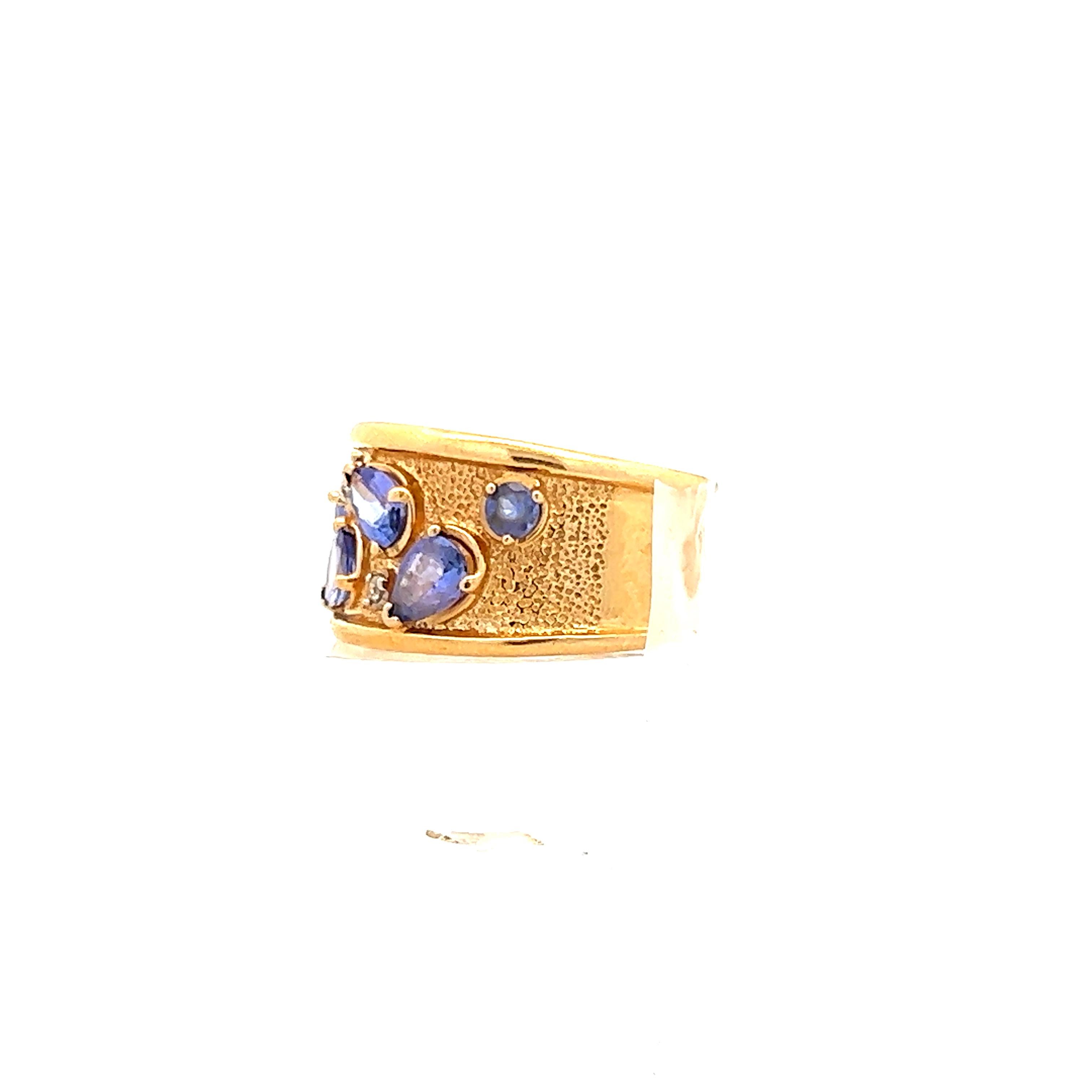Women's or Men's 14K Yellow Gold Flat Ring w/ Mixed Shaped Tanzanite (Round + Pear) and Diamond 