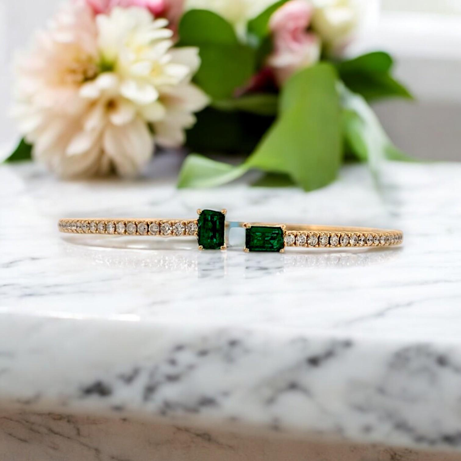 Striking and sophisticated, the Goldie bangle is a radiant fusion of vivid green and timeless gold. Handcrafted in rich 14k yellow gold, this 6-inch flex bangle showcases 1.50 carats of natural emeralds and 1.00 carat total weight of natural round