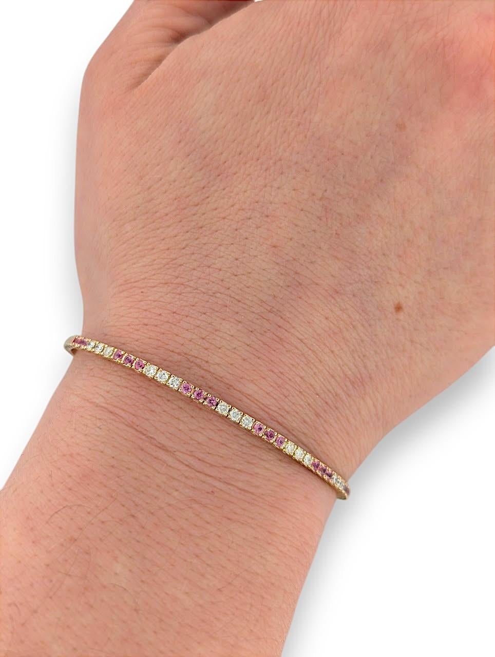 Delicate yet daring, the Emberly bracelet is a vibrant celebration of color, sparkle, and feminine elegance. Crafted in luminous 14k yellow gold, this 6.5-inch flex bracelet features a graceful arrangement of .55 carats total weight of round-cut
