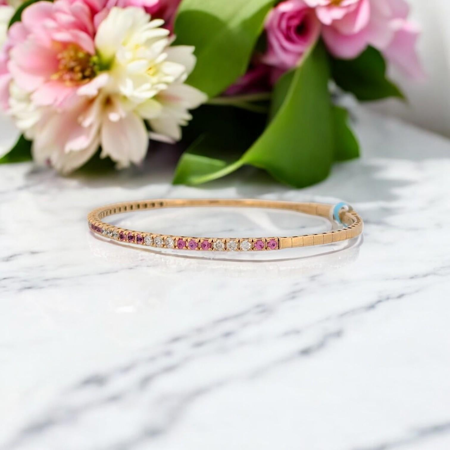 Emberly  14k Yellow Gold Flex Bracelet with .55 ctw Round Pink Sapphires In New Condition For Sale In Greeneville, TN